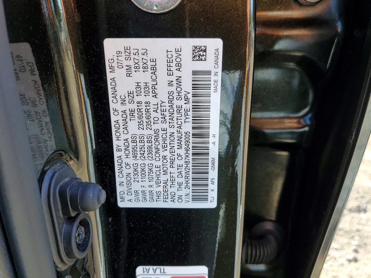 2019 Honda Cr-v Exl Черный vin: 2HKRW2H87KH649005