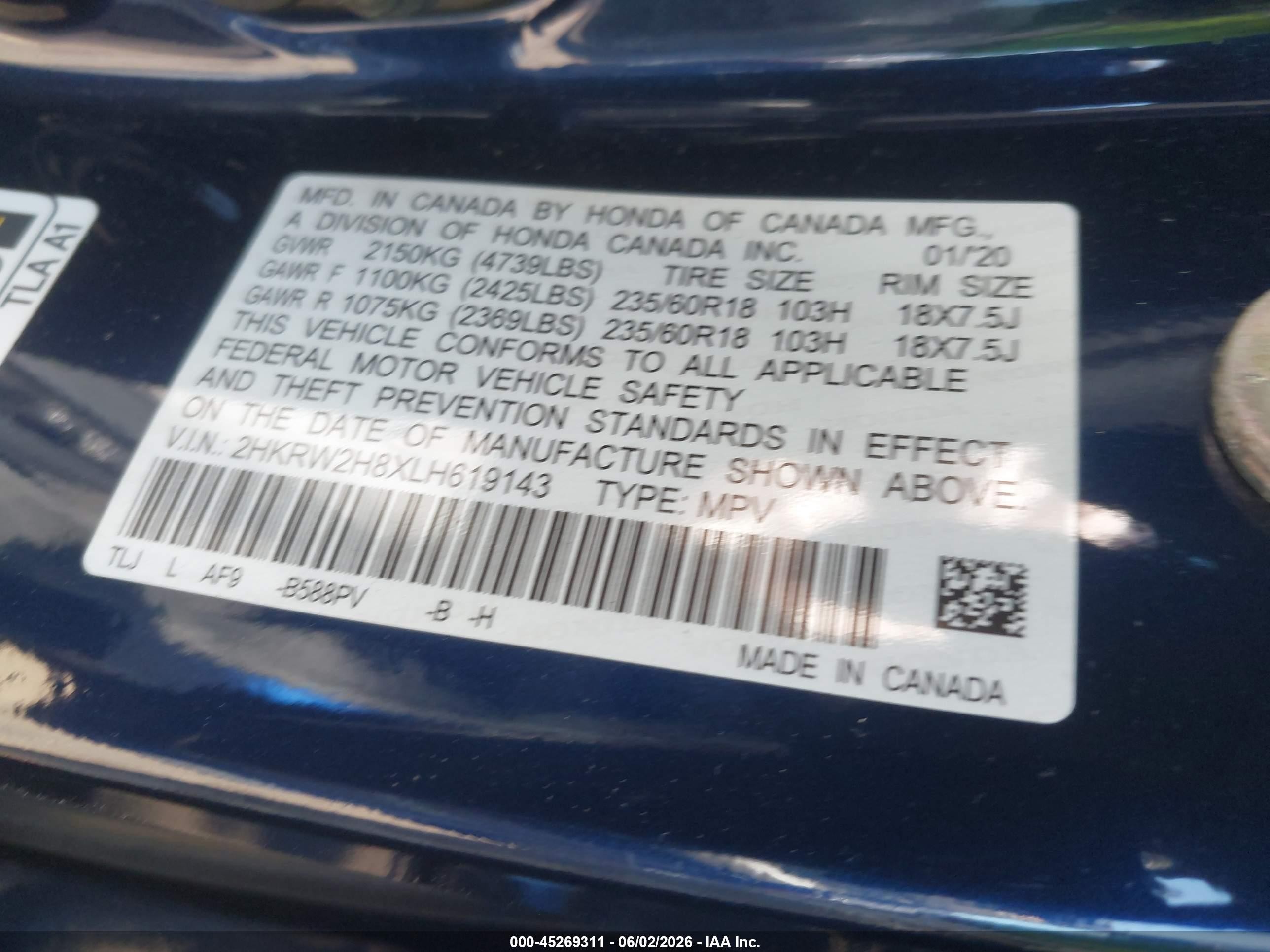 2020 Honda Cr-v Awd Ex-l Синий vin: 2HKRW2H8XLH619143