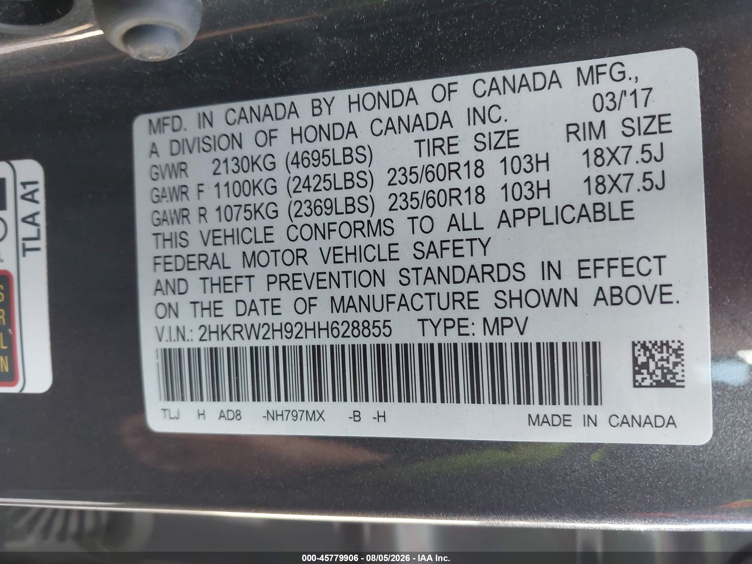 2017 Honda Cr-v Touring Gray vin: 2HKRW2H92HH628855