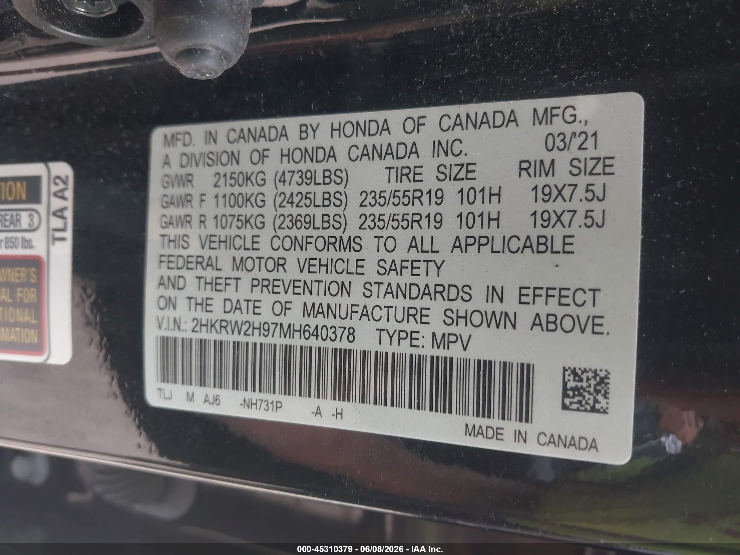 2021 Honda Cr-v Awd Touring Black vin: 2HKRW2H97MH640378