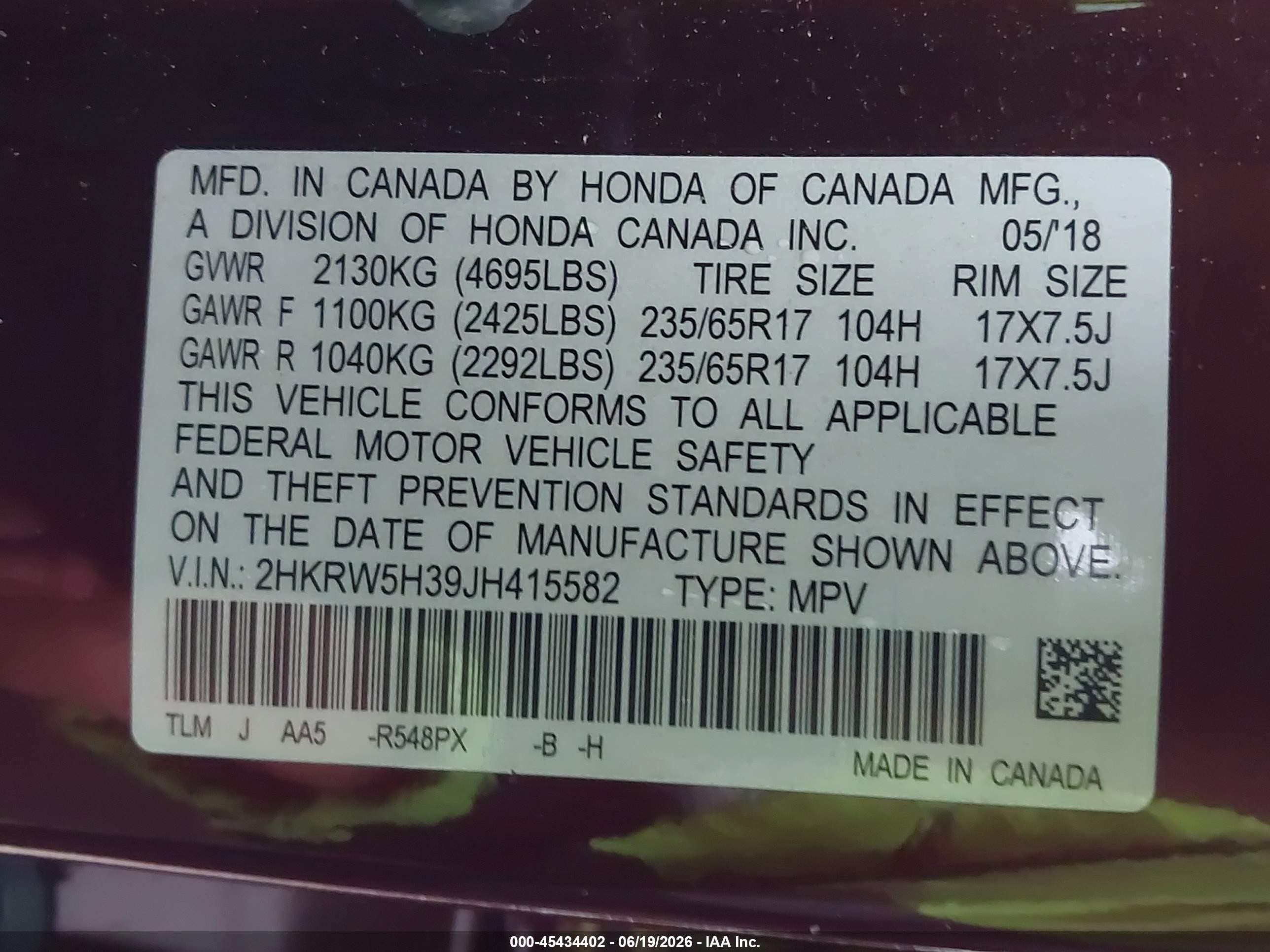 2018 Honda Cr-v Lx Бордовый vin: 2HKRW5H39JH415582