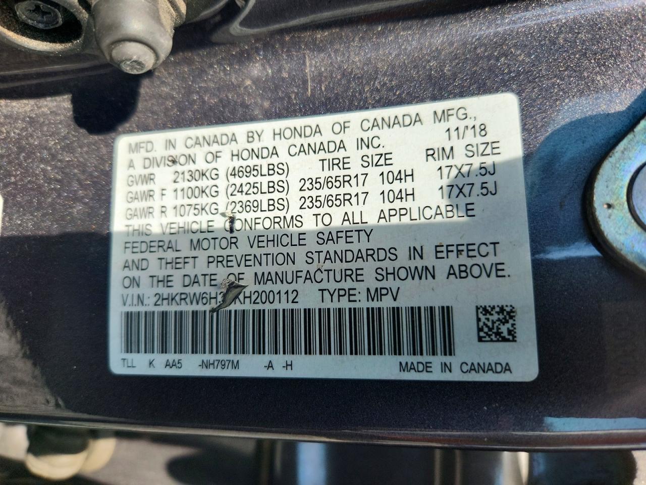 2019 Honda Cr-v Lx Gray vin: 2HKRW6H35KH200112