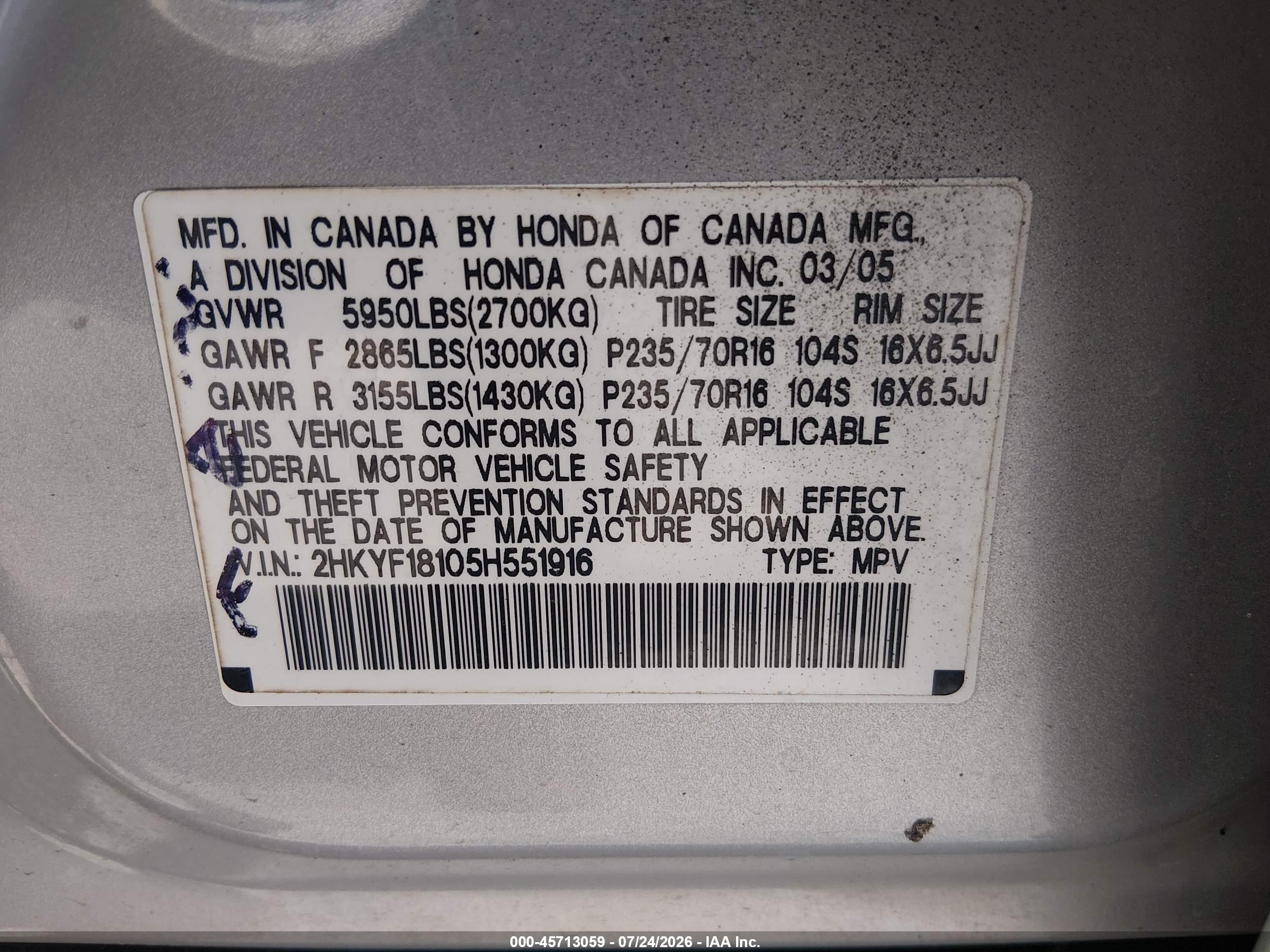 2005 Honda Pilot Lx Серебряный vin: 2HKYF18105H551916