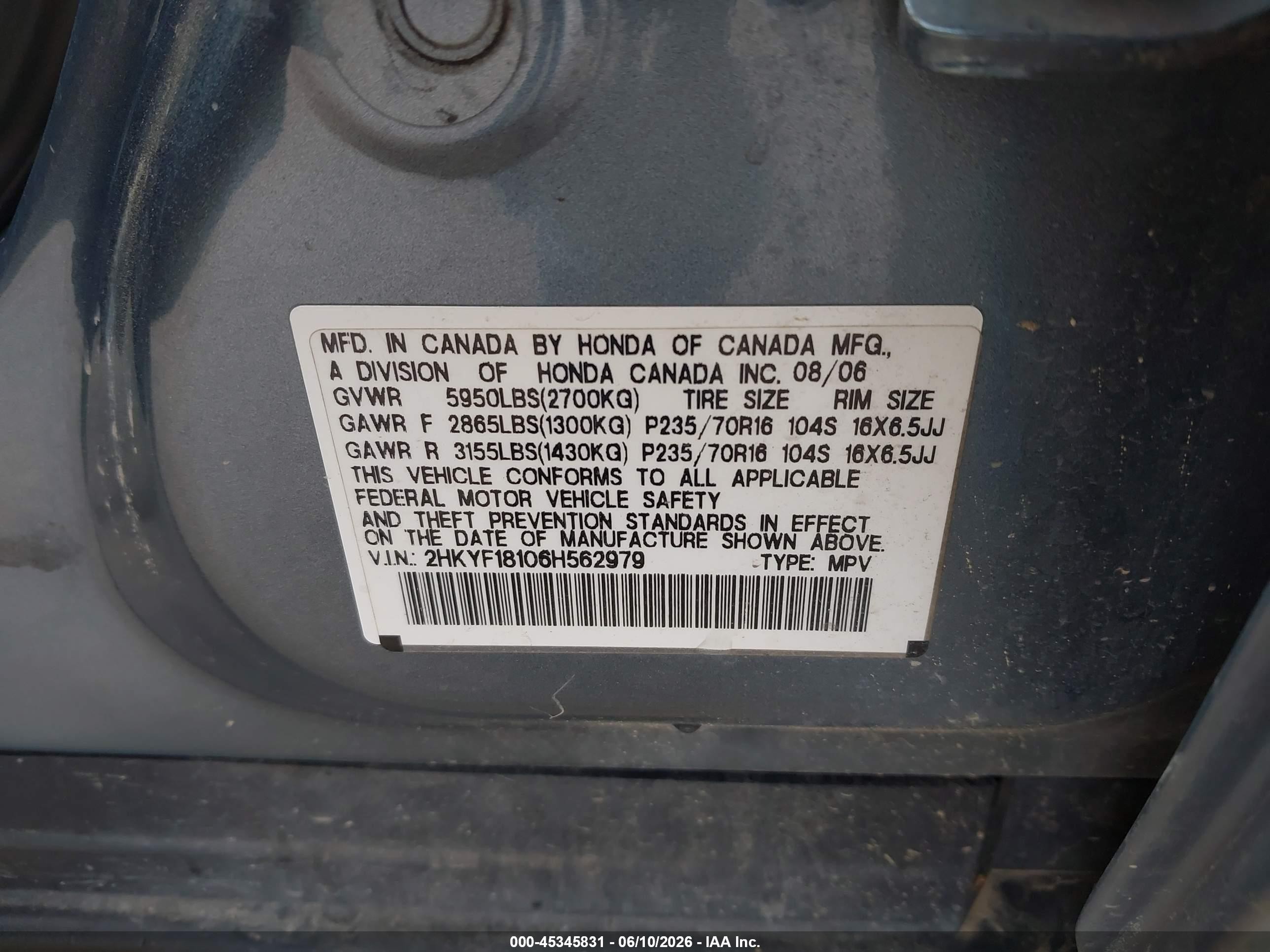 2006 Honda Pilot Lx Blue vin: 2HKYF18106H562979