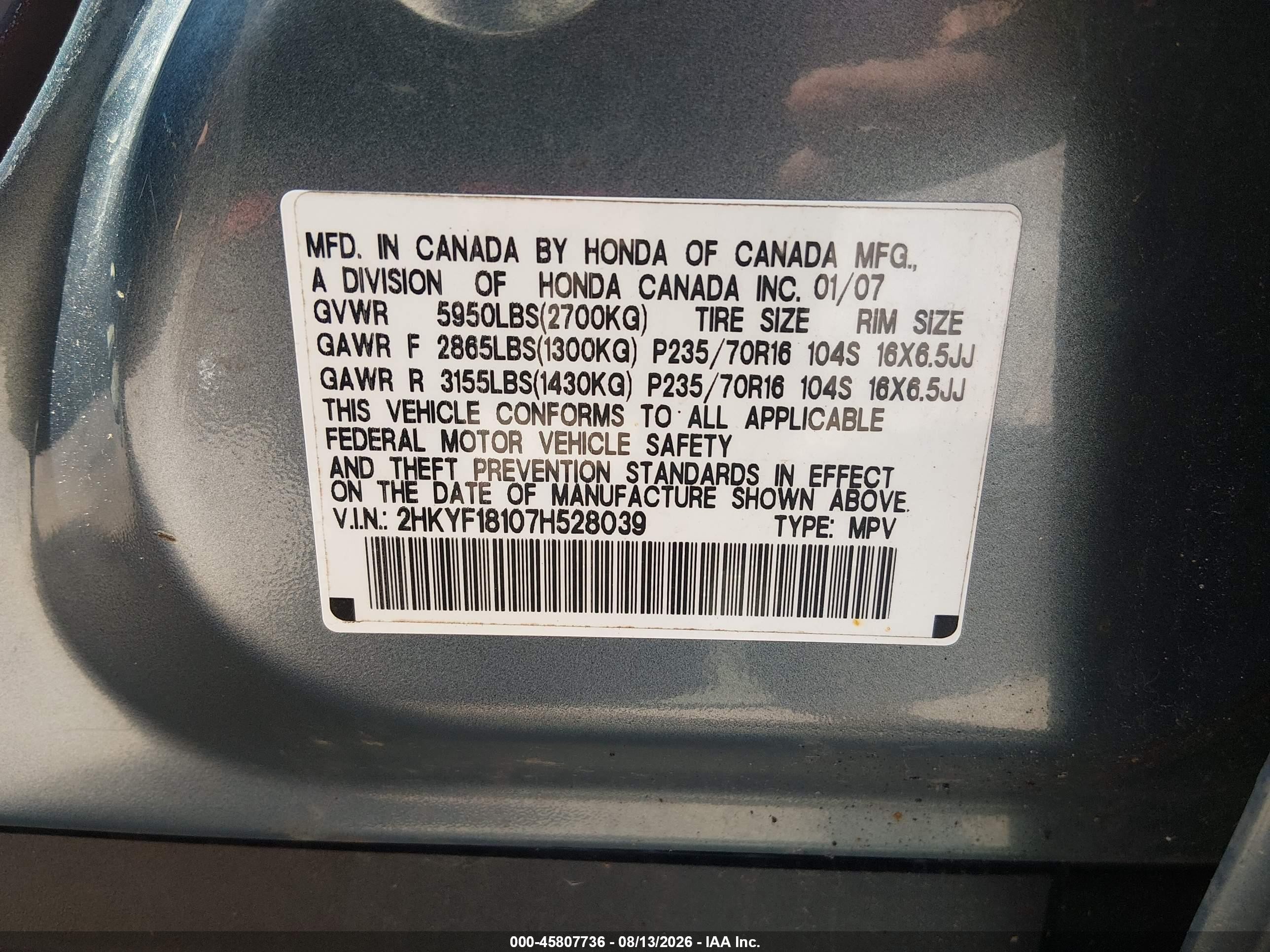 2007 Honda Pilot Lx Light Blue vin: 2HKYF18107H528039