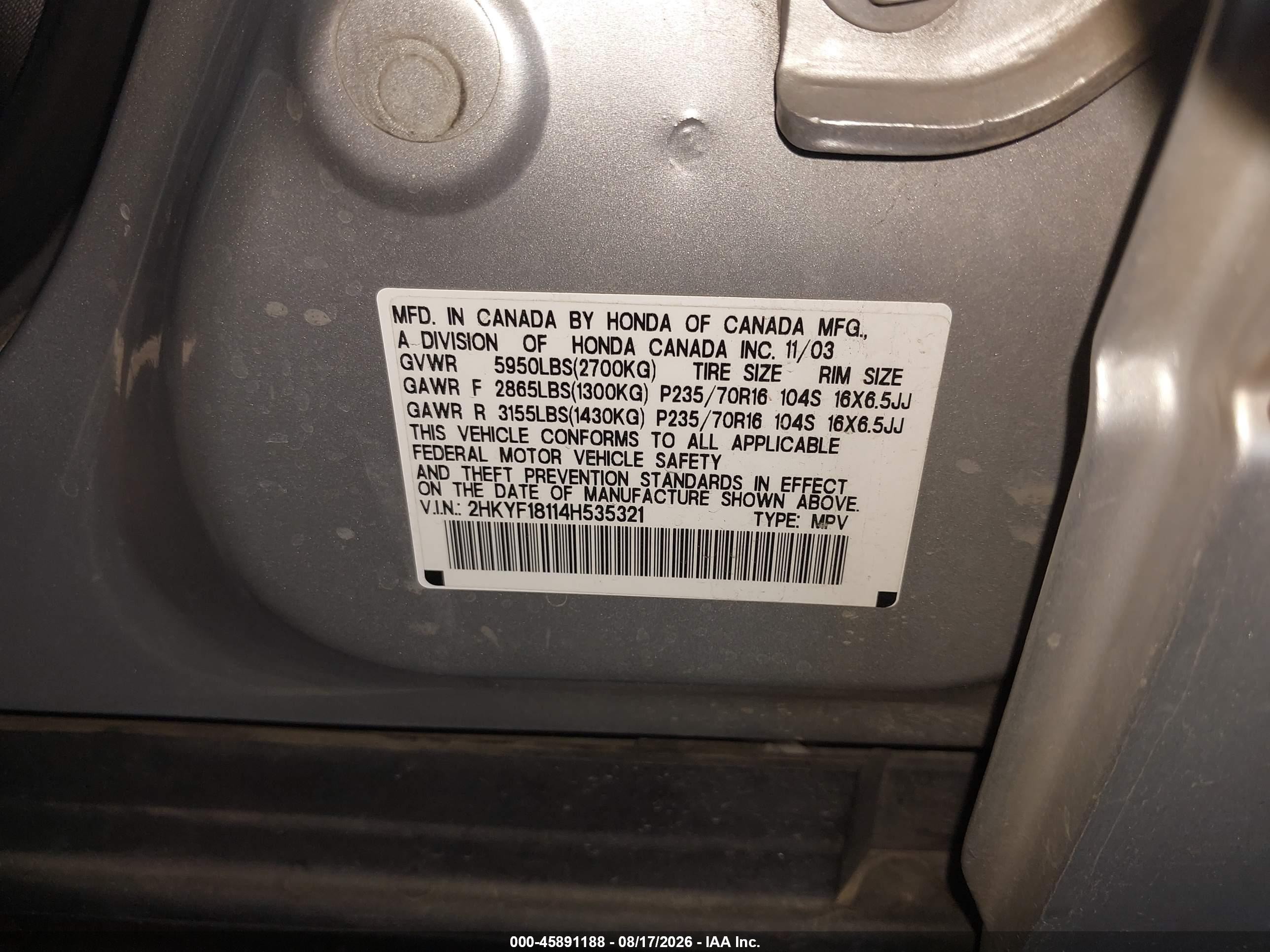 2004 Honda Pilot Lx Silver vin: 2HKYF18114H535321