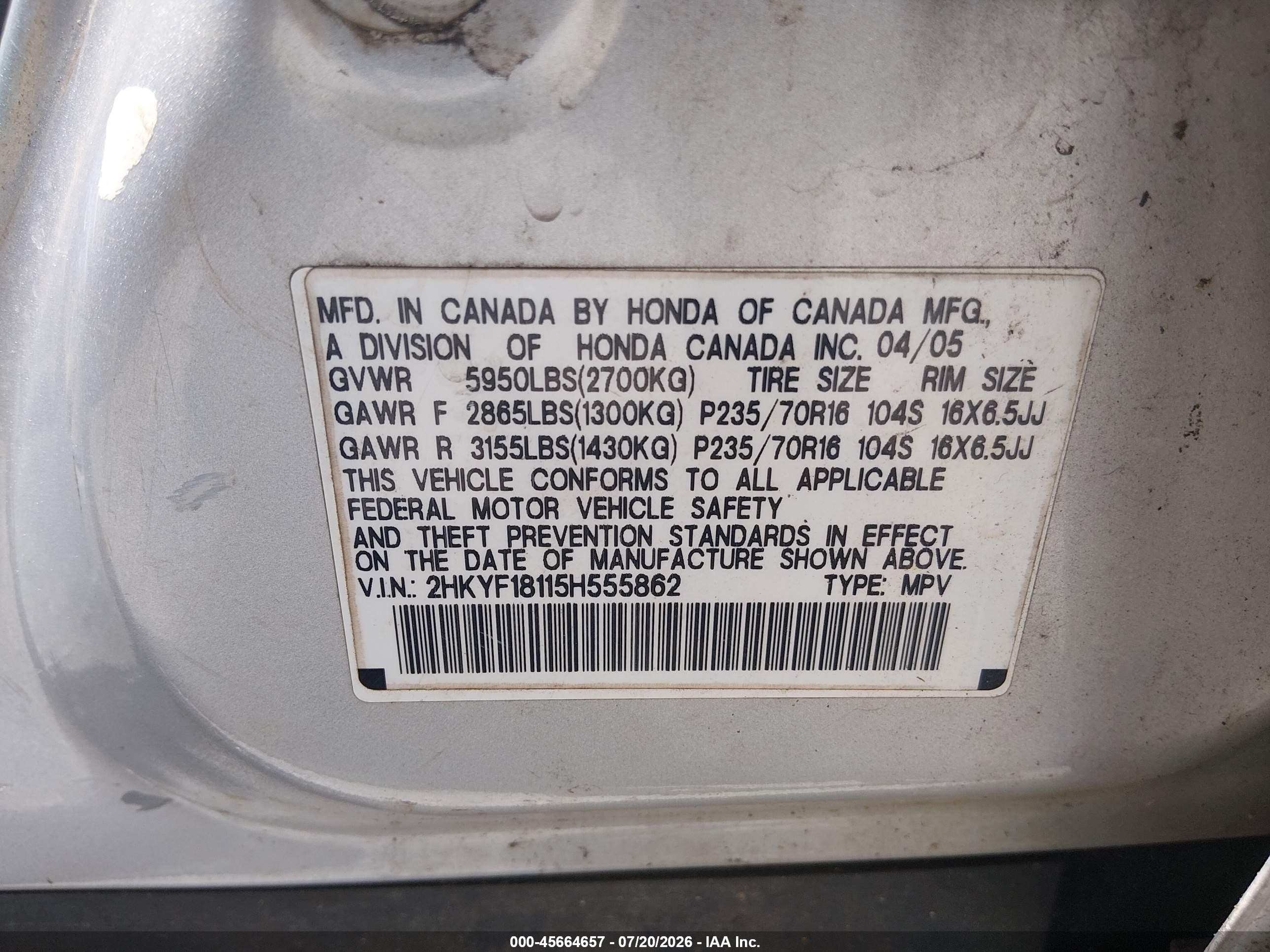 2005 Honda Pilot Lx Gray vin: 2HKYF18115H555862