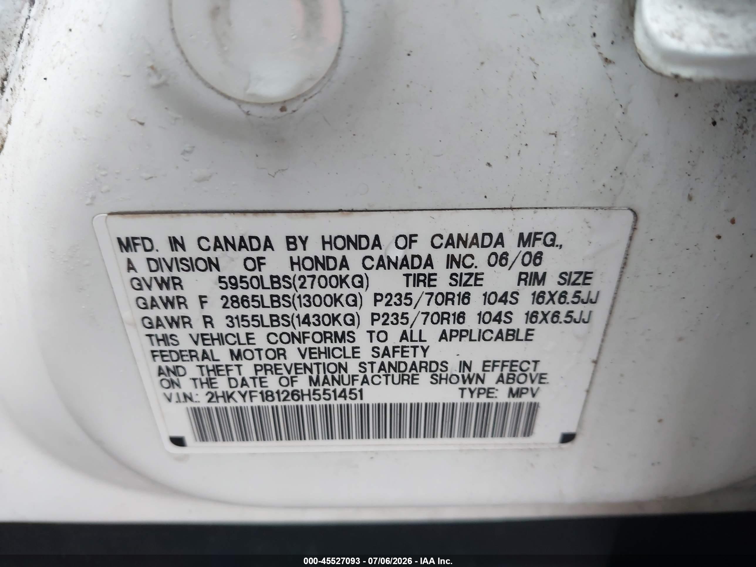 2006 Honda Pilot Lx White vin: 2HKYF18126H551451