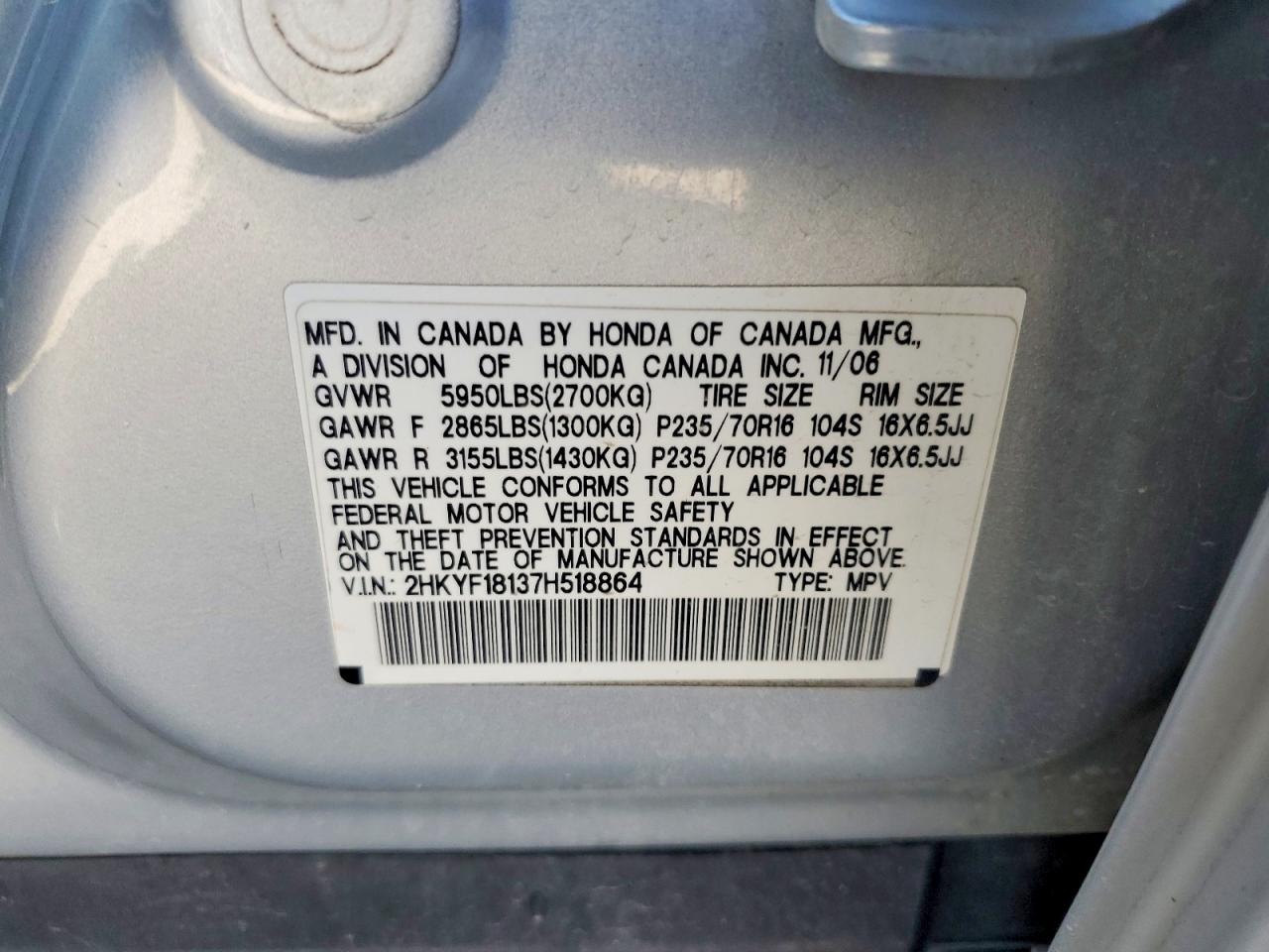 2007 Honda Pilot Lx Silver vin: 2HKYF18137H518864