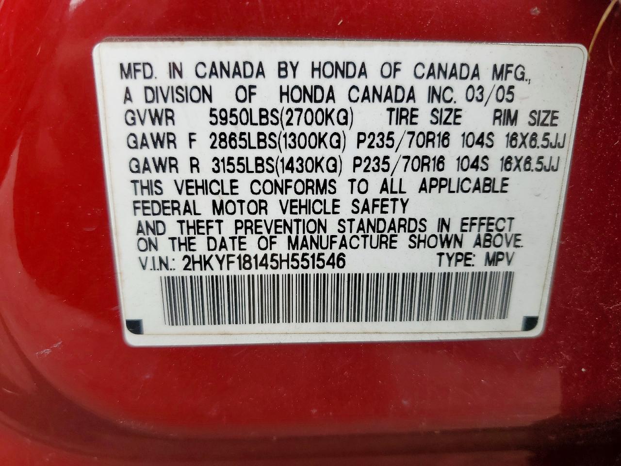 2005 Honda Pilot Lx Red vin: 2HKYF18145H551546