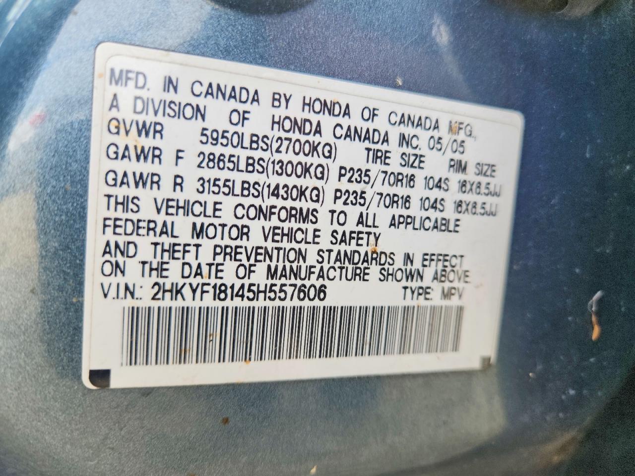 2005 Honda Pilot Lx Blue vin: 2HKYF18145H557606