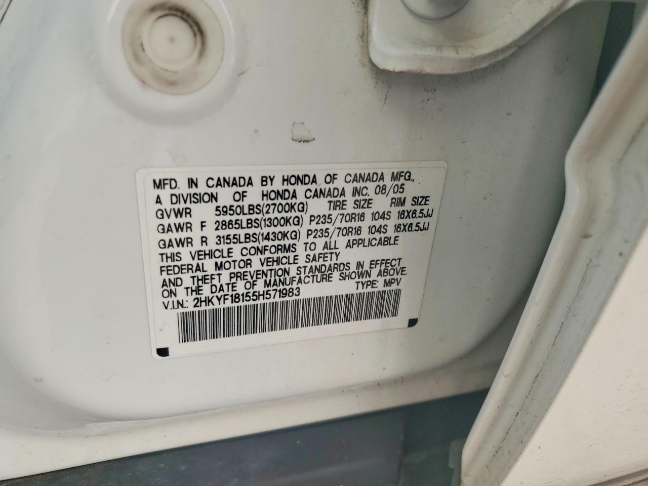 2005 Honda Pilot Lx White vin: 2HKYF18155H571983