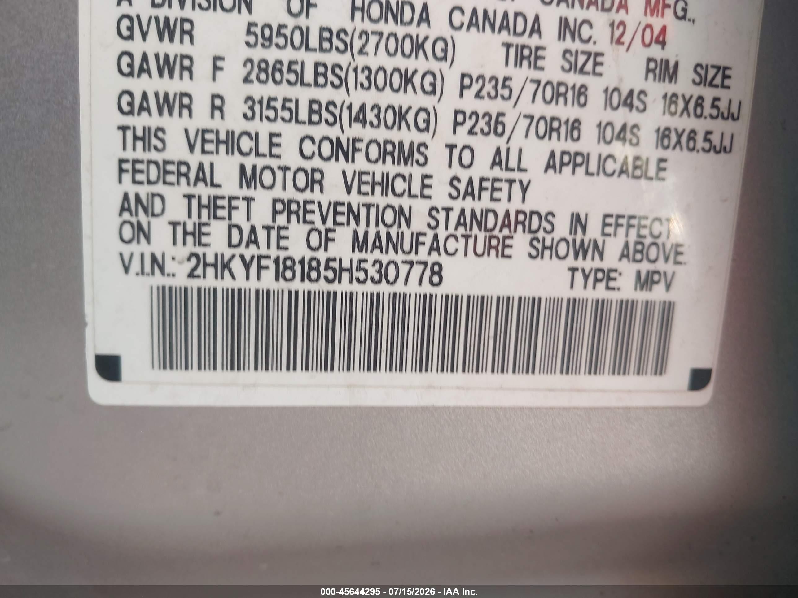 2005 Honda Pilot Lx Silver vin: 2HKYF18185H530778