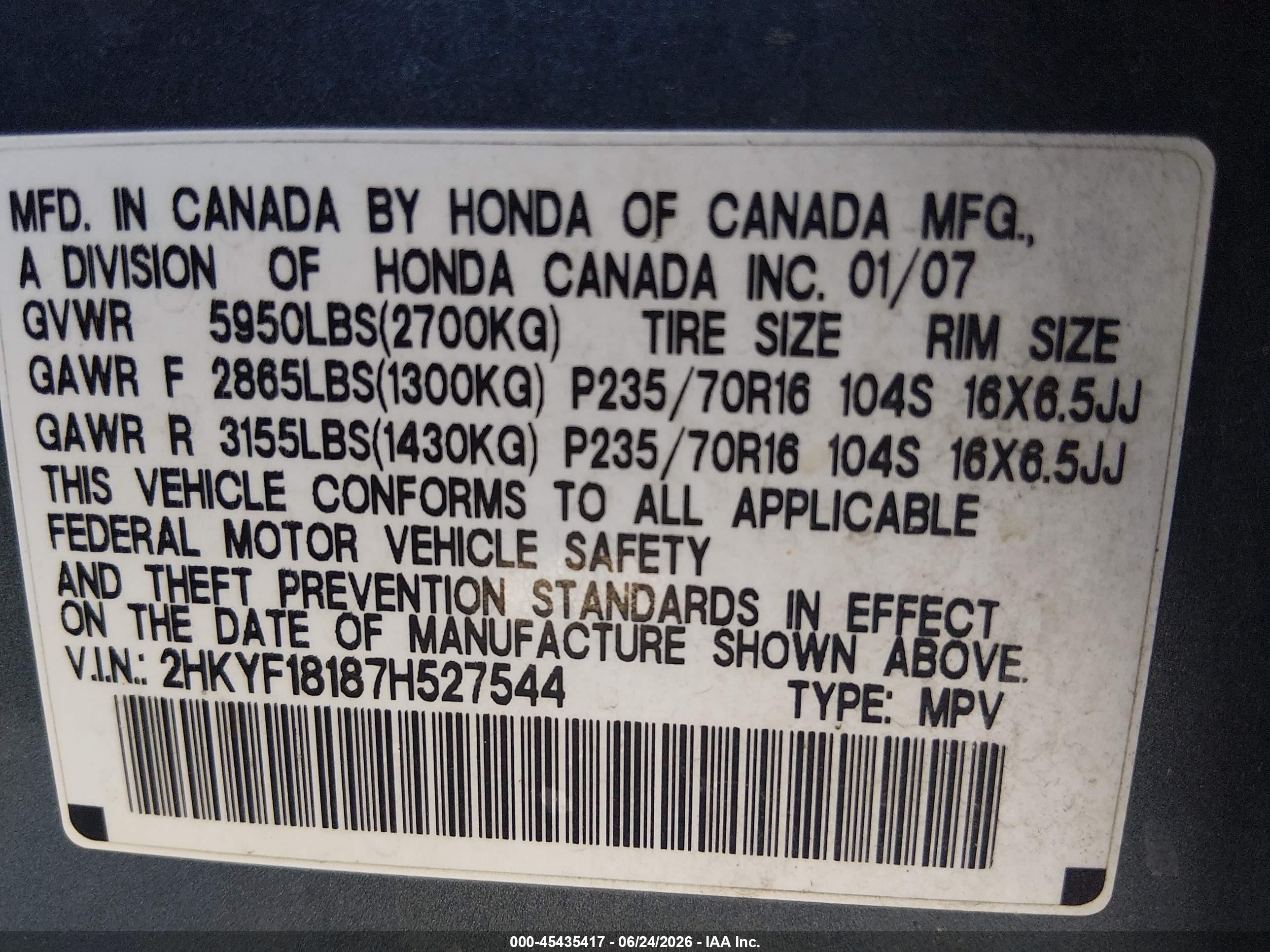 2007 Honda Pilot Lx Blue vin: 2HKYF18187H527544