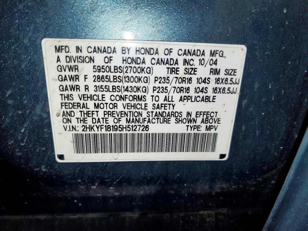 2005 Honda Pilot Lx Blue vin: 2HKYF18195H512726