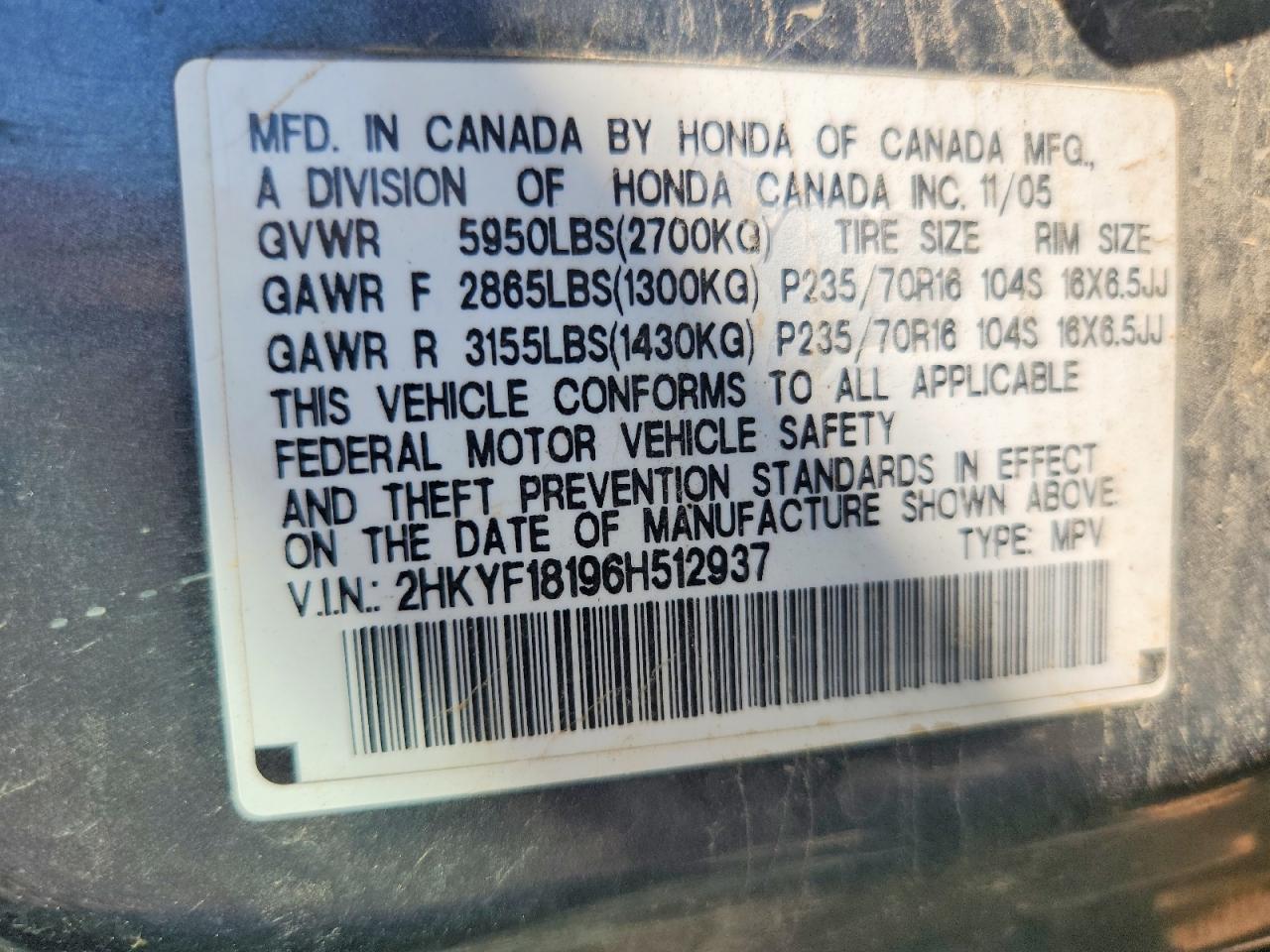 2006 Honda Pilot Lx Charcoal vin: 2HKYF18196H512937