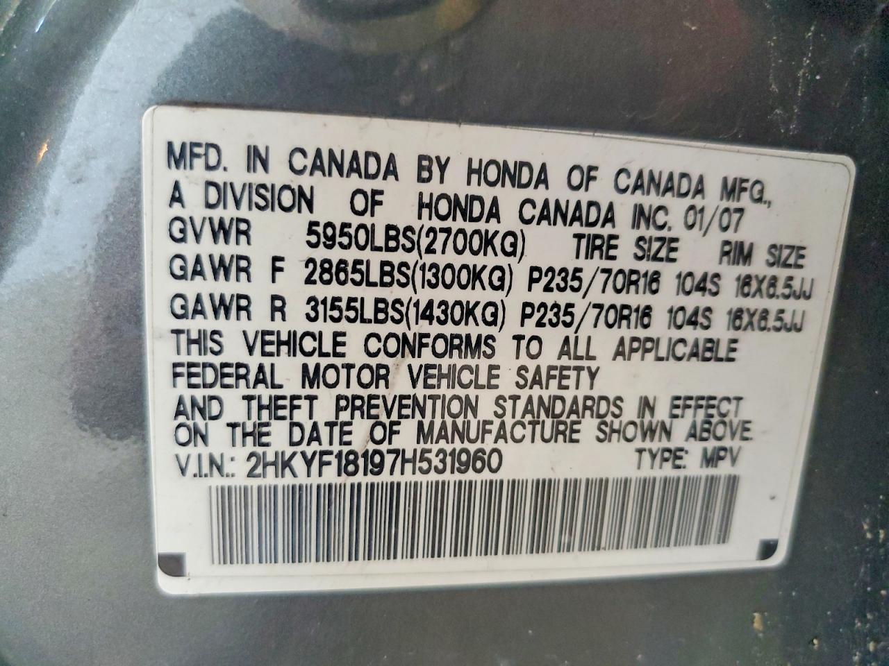 2007 Honda Pilot Lx Gray vin: 2HKYF18197H531960