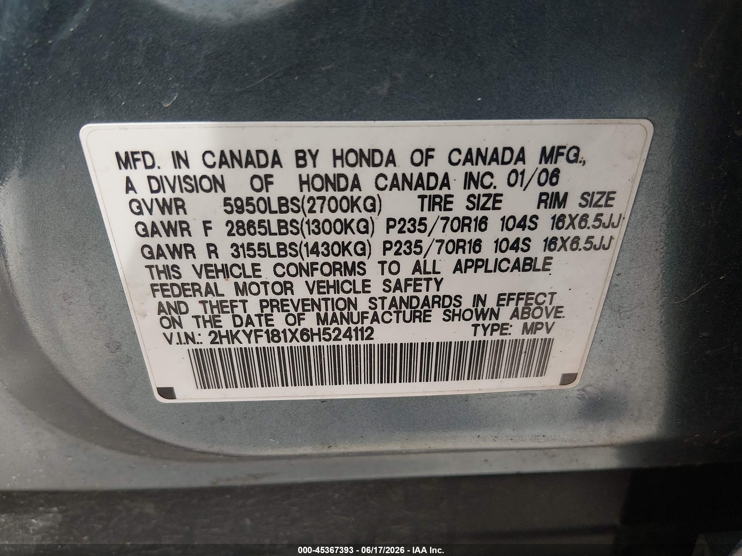 2006 Honda Pilot Lx Синий vin: 2HKYF181X6H524112
