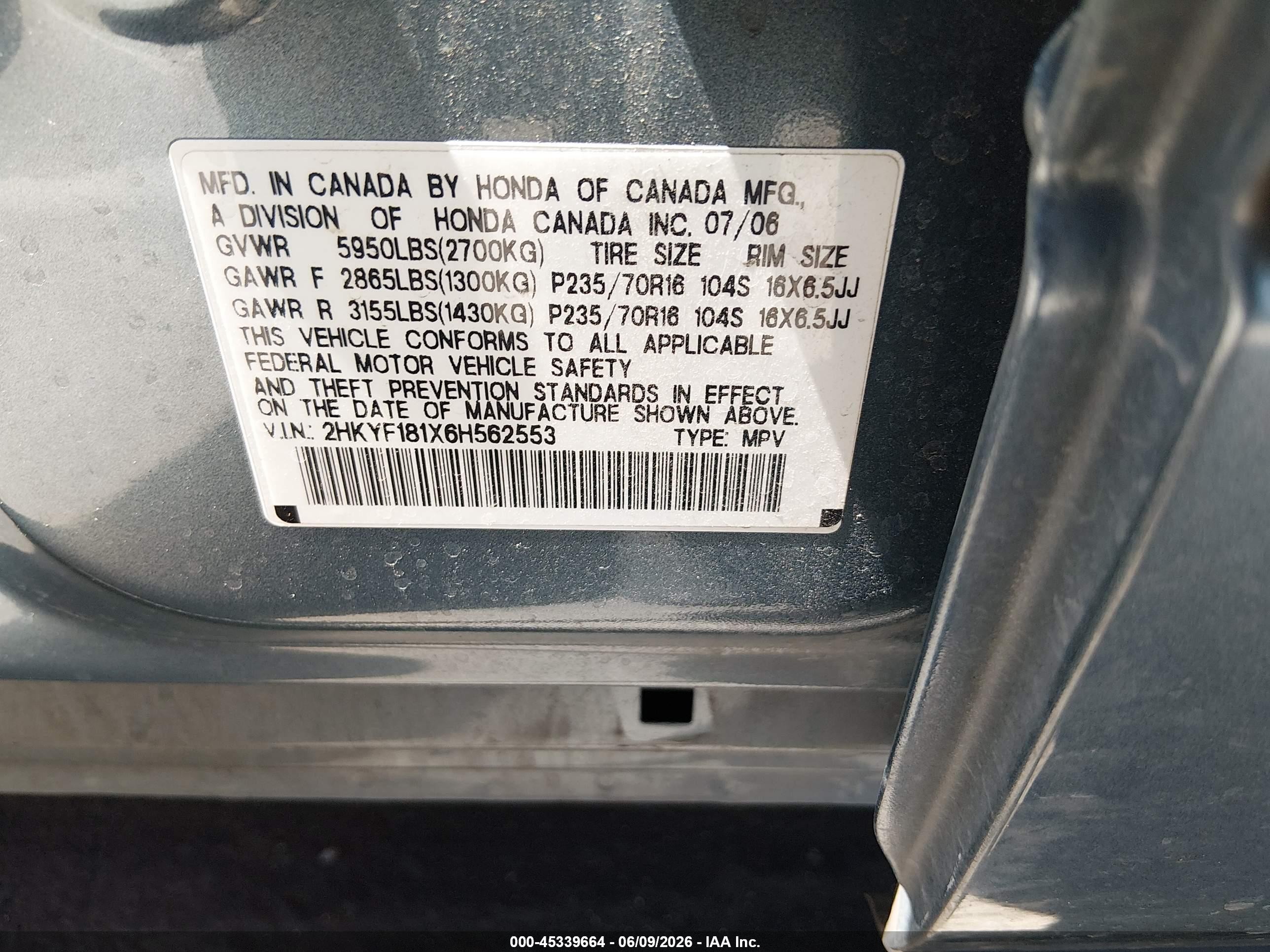 2006 Honda Pilot Lx Blue vin: 2HKYF181X6H562553