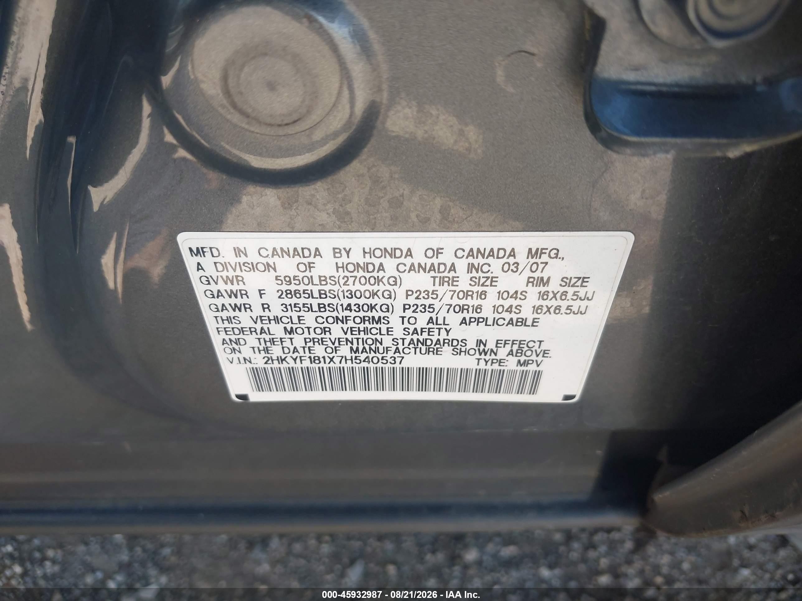 2007 Honda Pilot Lx Gray vin: 2HKYF181X7H540537