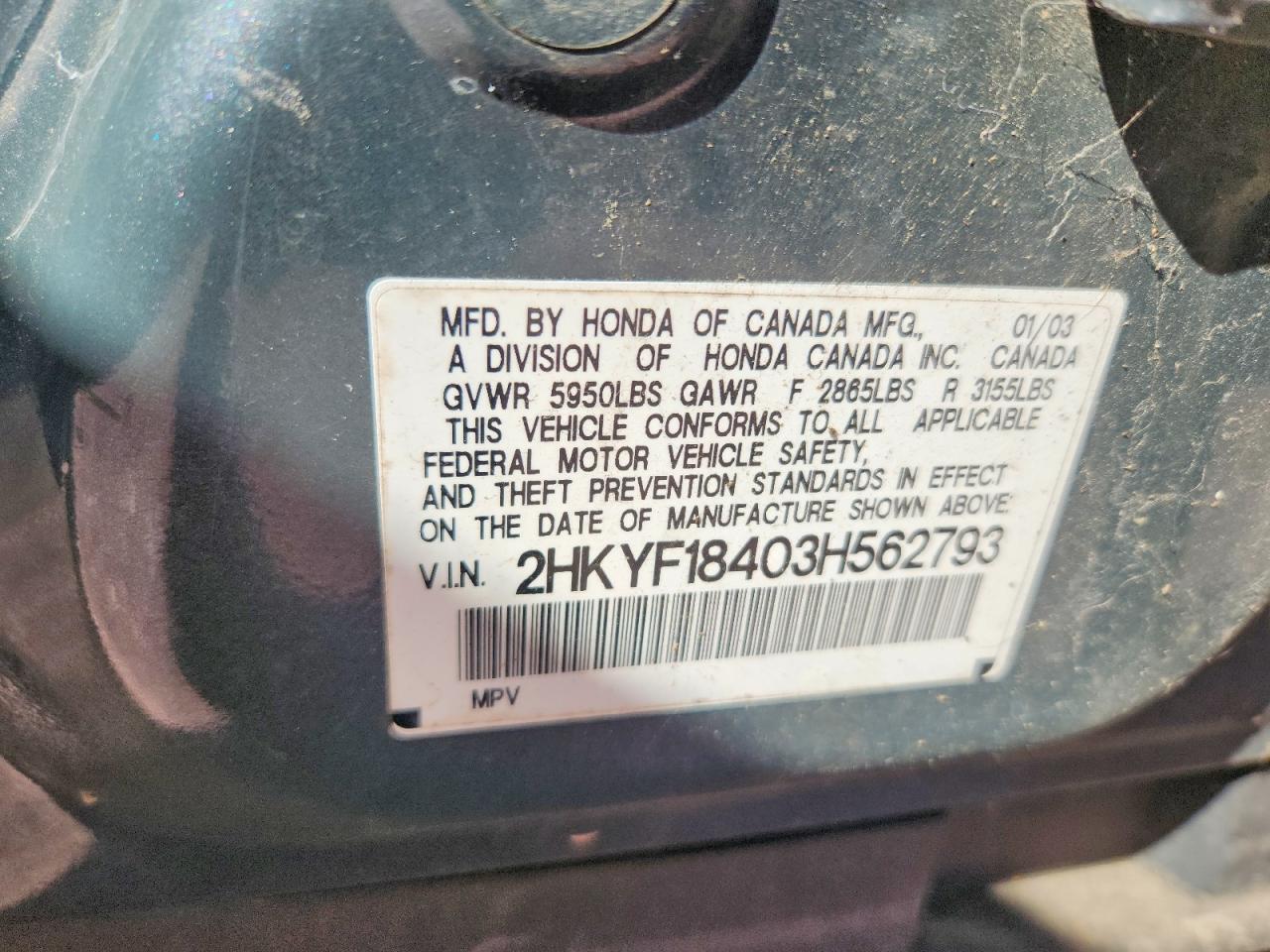 2003 Honda Pilot Ex Gray vin: 2HKYF18403H562793