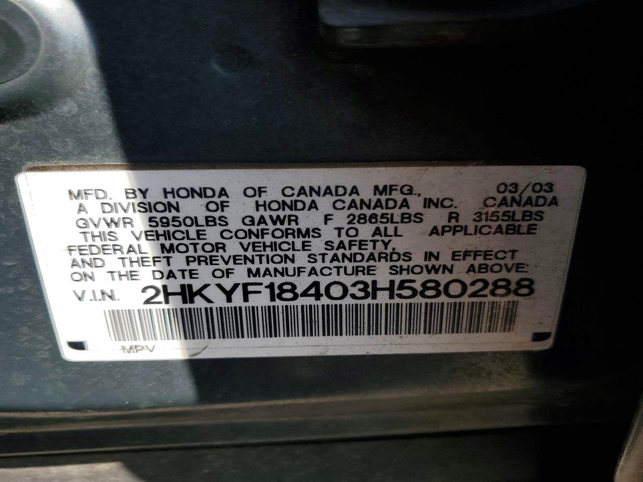2003 Honda Pilot Ex Gray vin: 2HKYF18403H580288