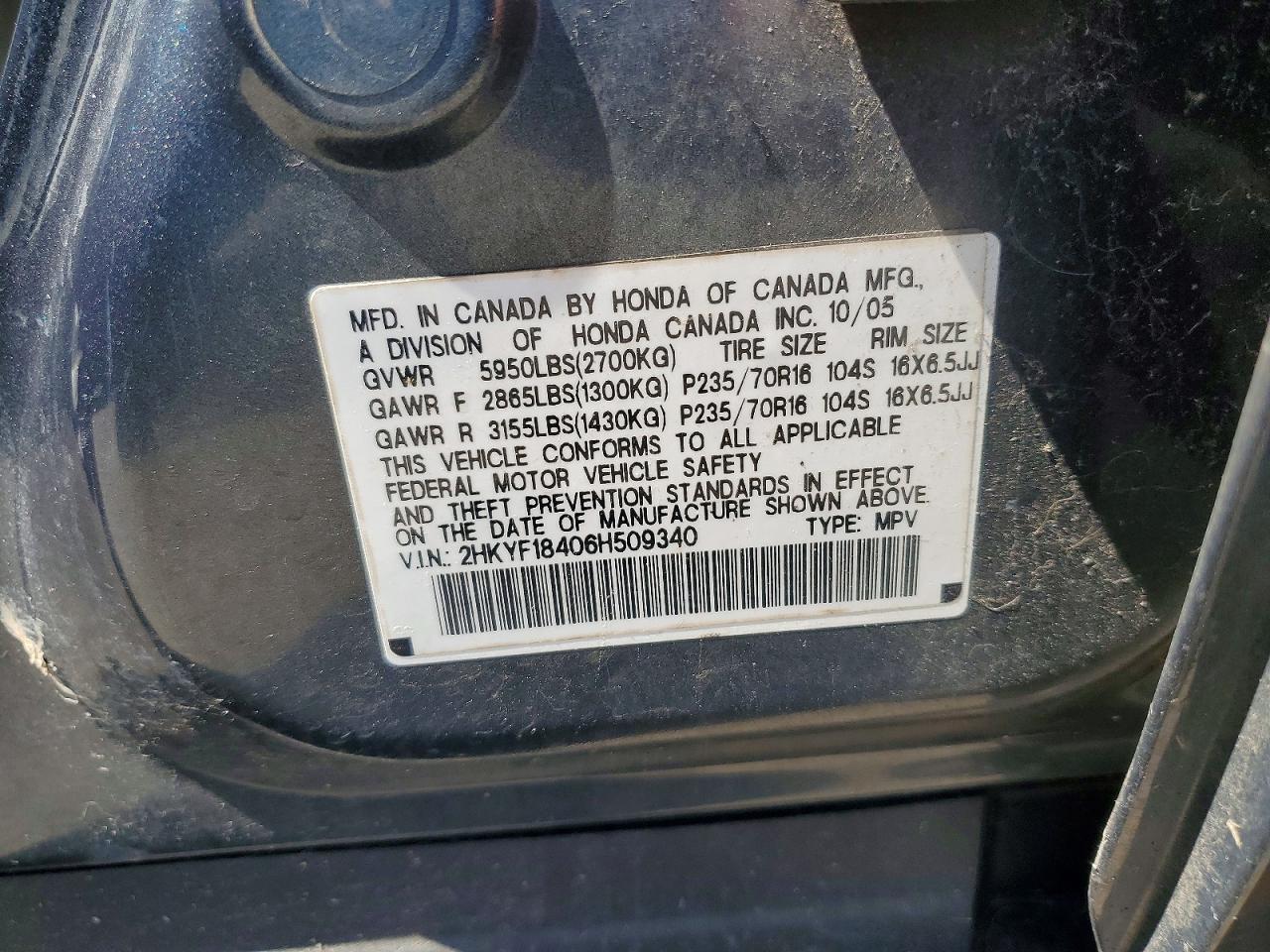 2006 Honda Pilot Ex Charcoal vin: 2HKYF18406H509340