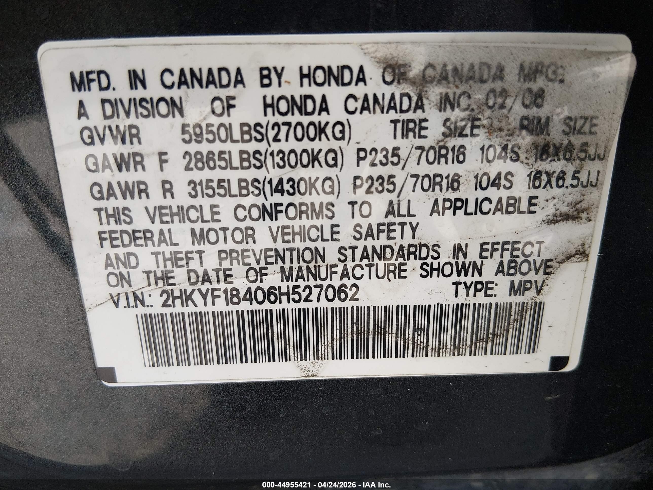 2006 Honda Pilot Ex Light Blue vin: 2HKYF18406H527062