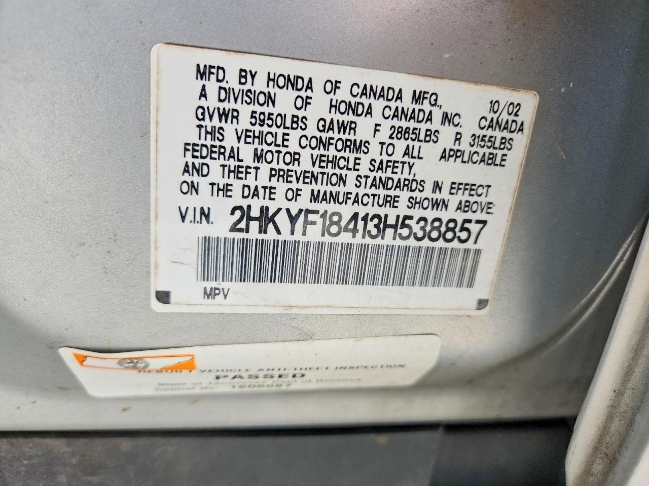 2003 Honda Pilot Ex Silver vin: 2HKYF18413H538857
