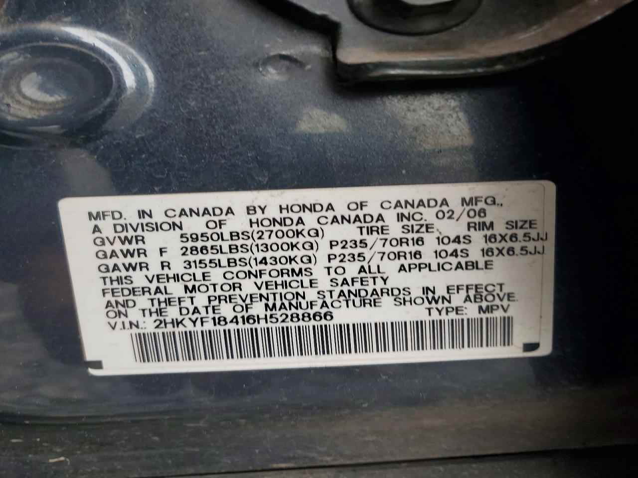 2006 Honda Pilot Ex Blue vin: 2HKYF18416H528866