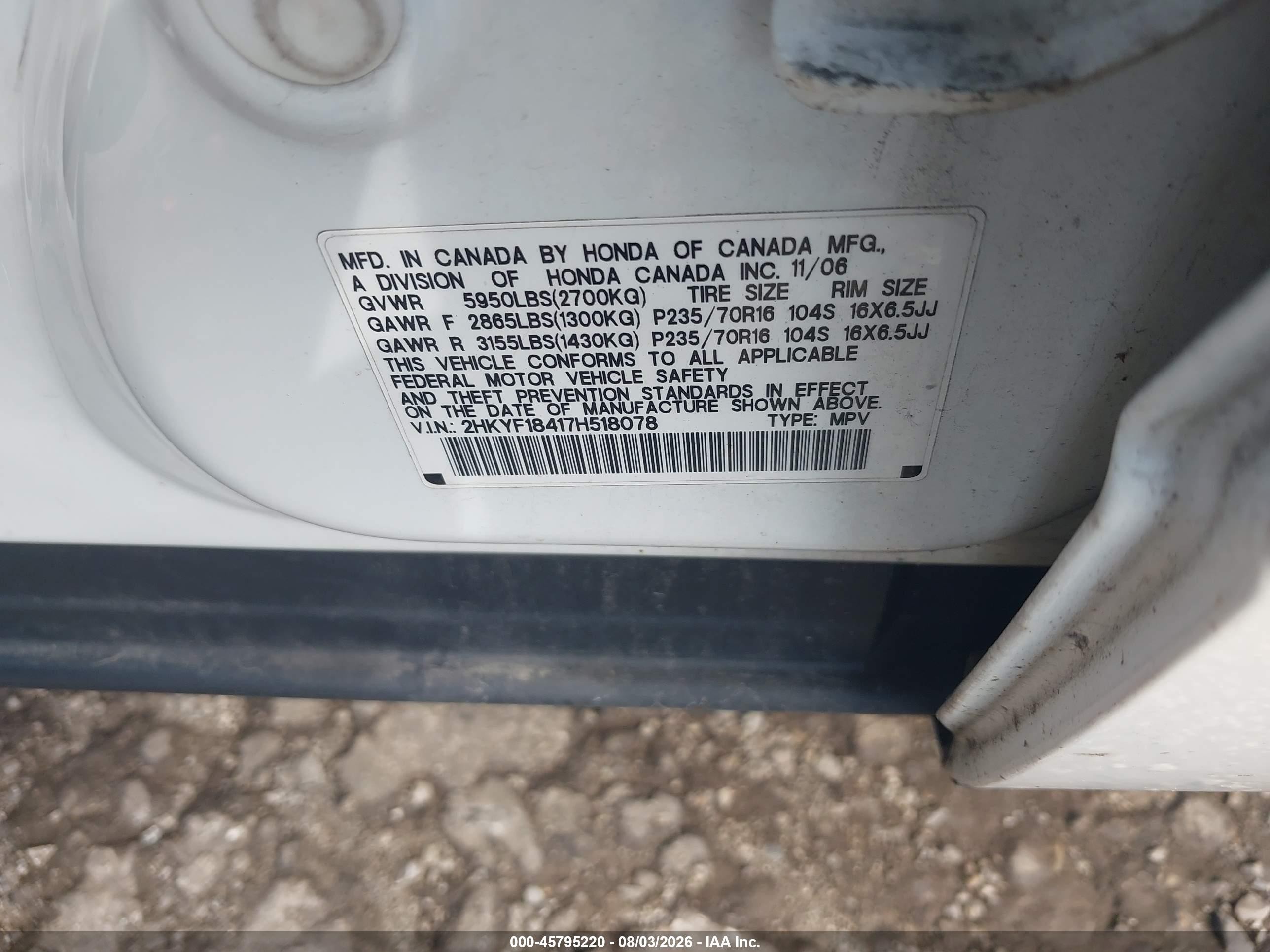 2007 Honda Pilot Ex White vin: 2HKYF18417H518078