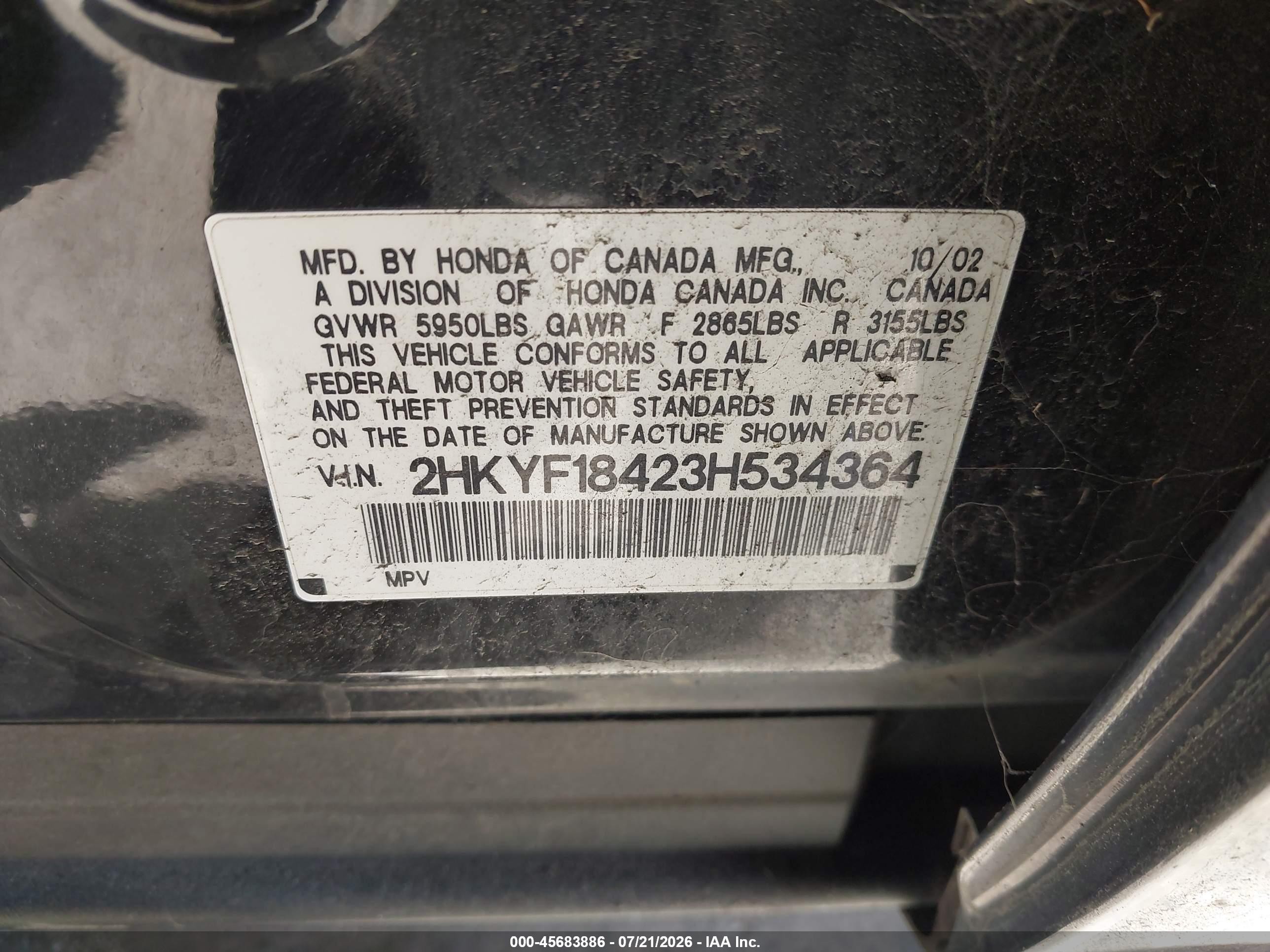 2003 Honda Pilot Ex Black vin: 2HKYF18423H534364