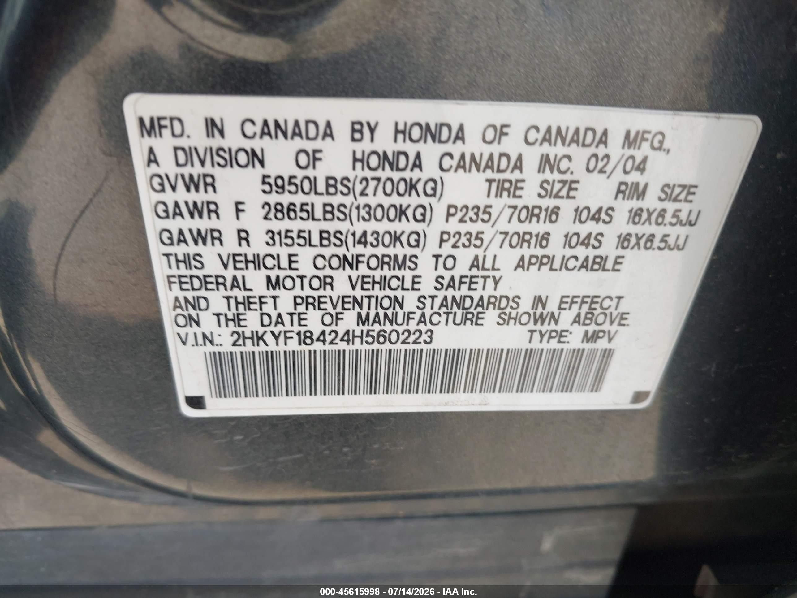 2004 Honda Pilot Ex Gray vin: 2HKYF18424H560223