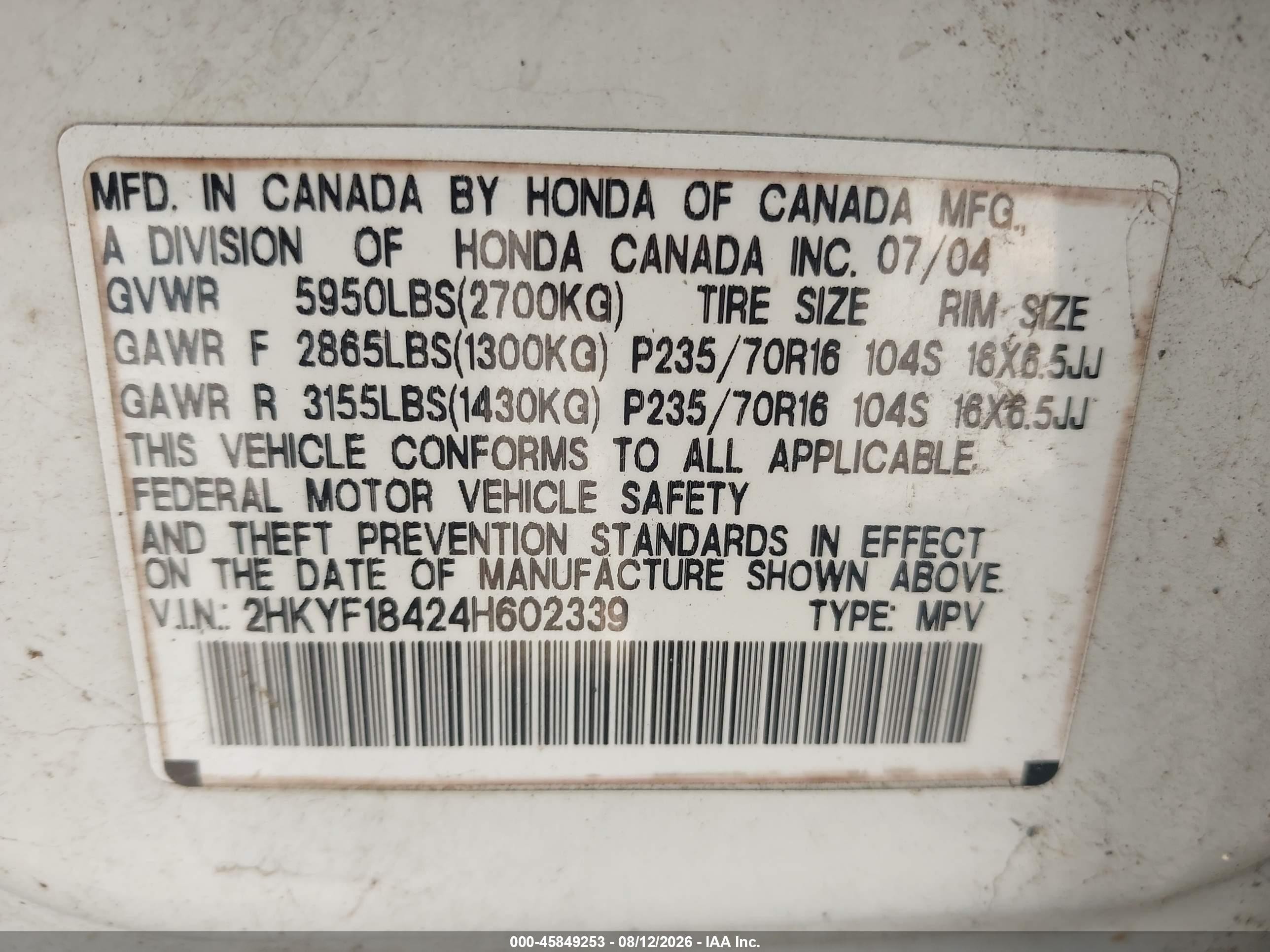 2004 Honda Pilot Ex Белый vin: 2HKYF18424H602339