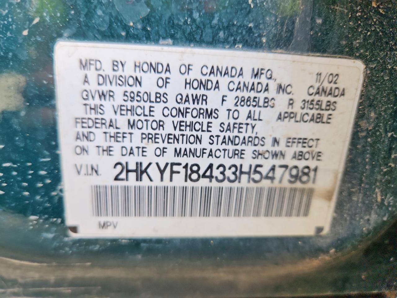 2003 Honda Pilot Ex Green vin: 2HKYF18433H547981