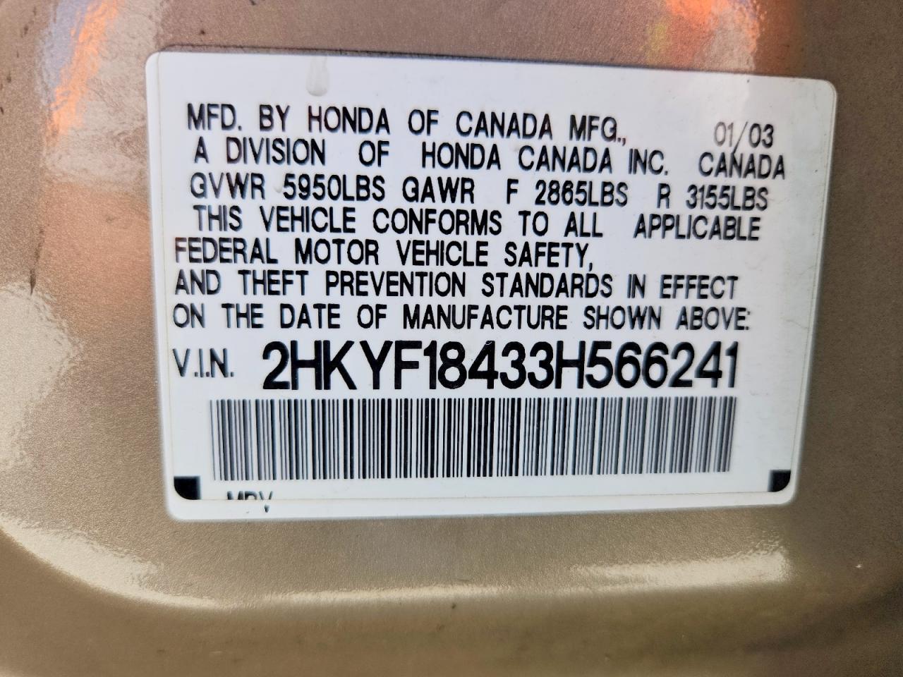 2003 Honda Pilot Ex Beige vin: 2HKYF18433H566241