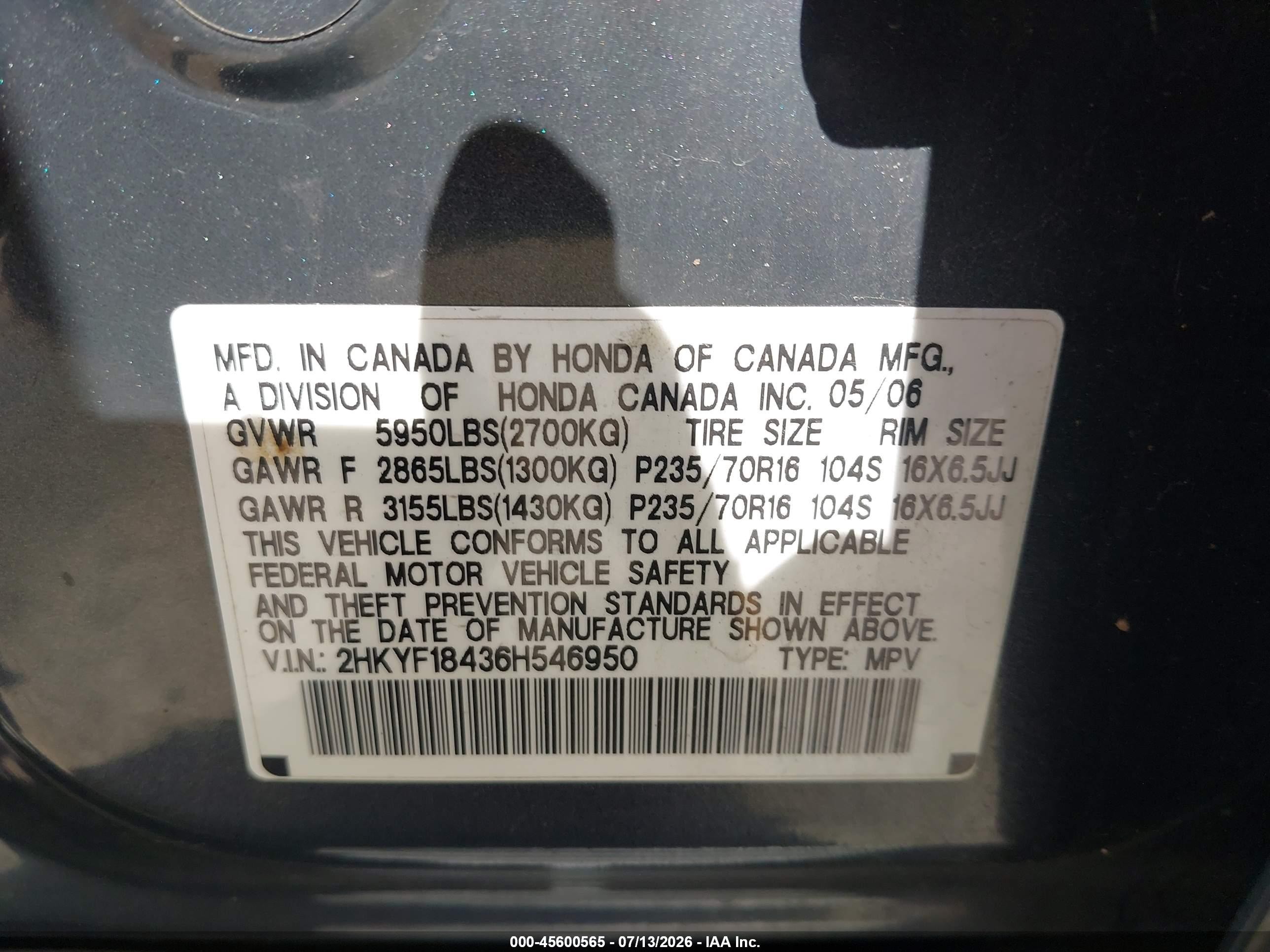 2006 Honda Pilot Ex Gray vin: 2HKYF18436H546950