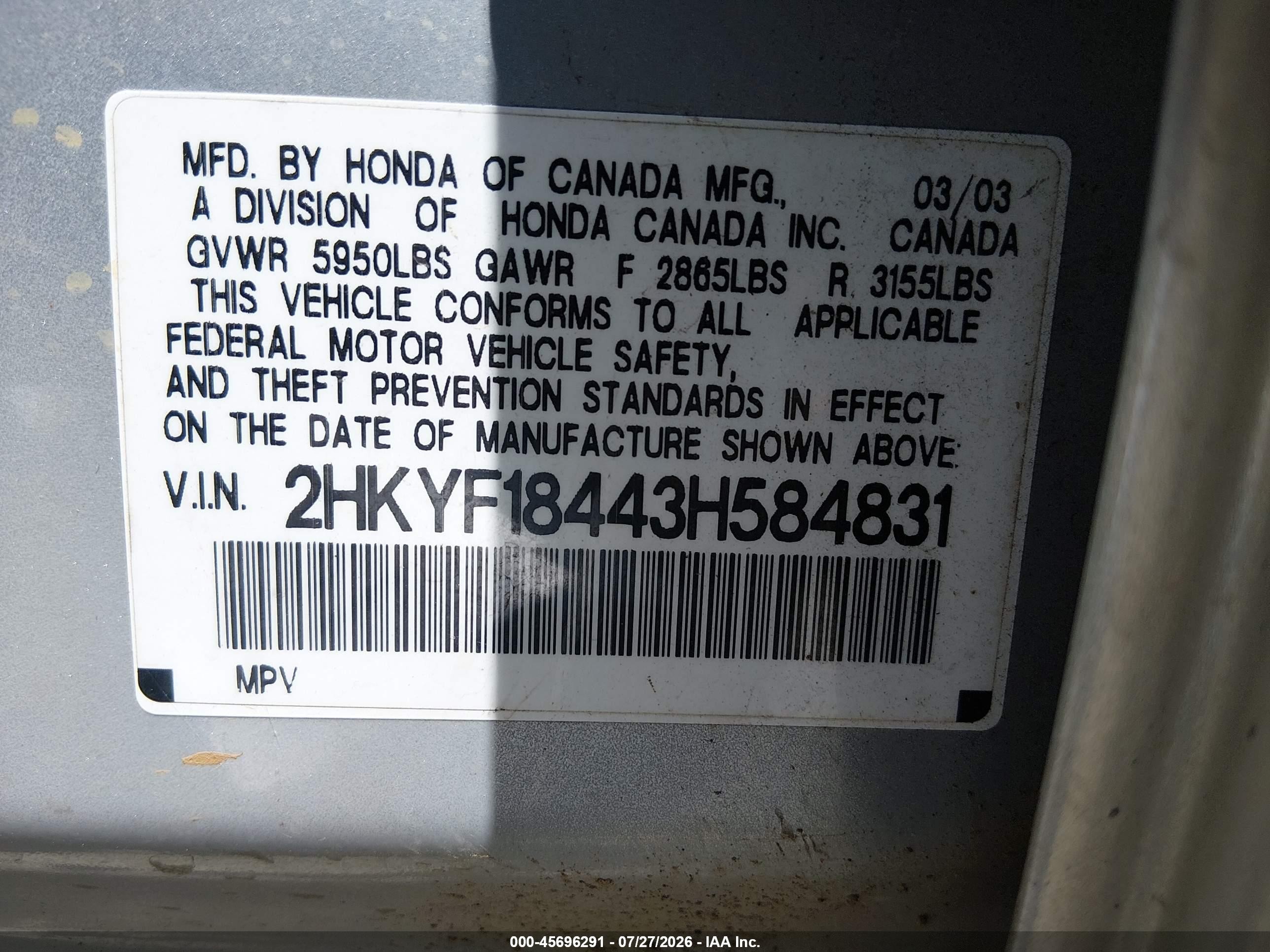 2003 Honda Pilot Ex Silver vin: 2HKYF18443H584831