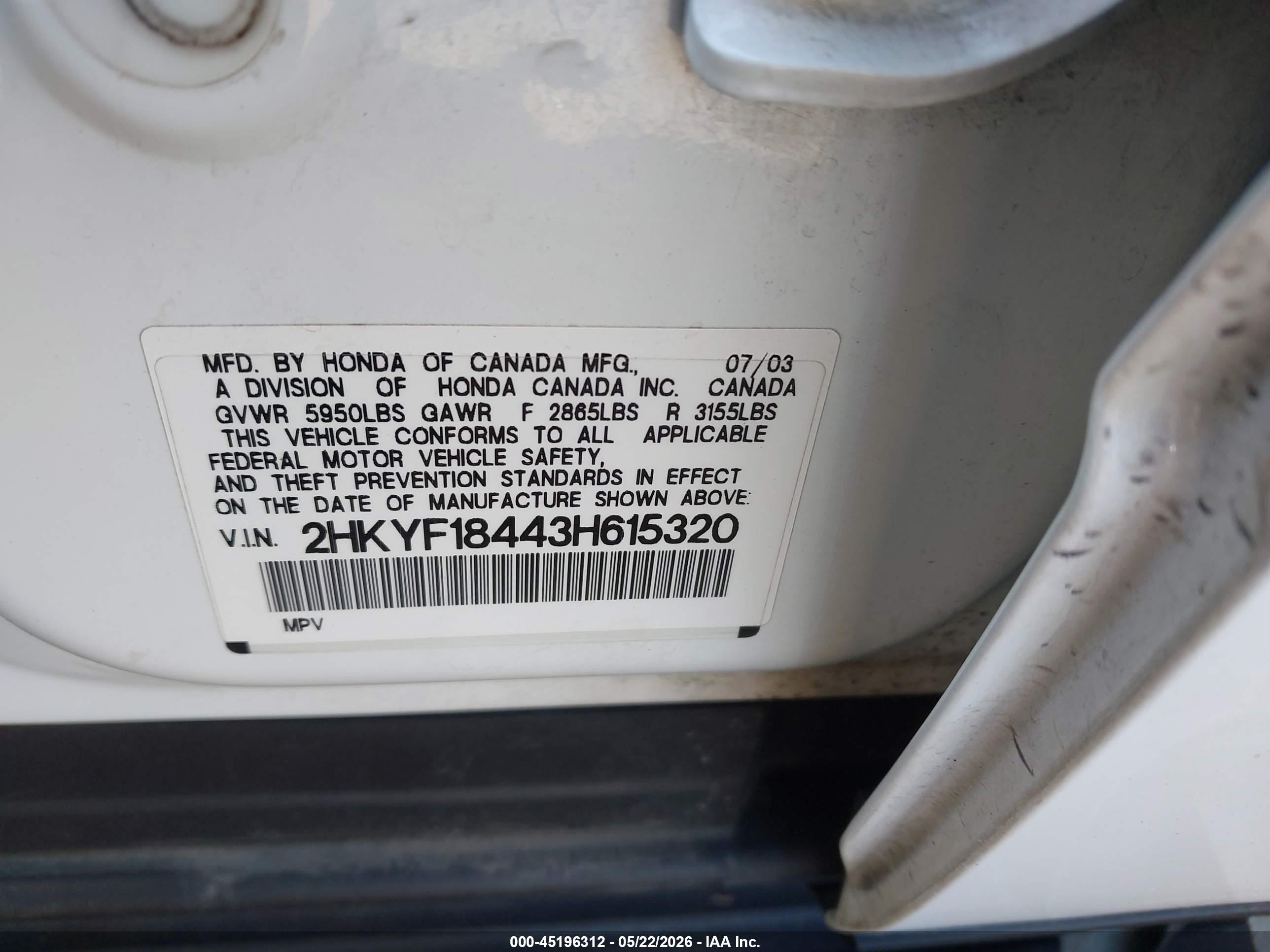 2003 Honda Pilot Ex Белый vin: 2HKYF18443H615320