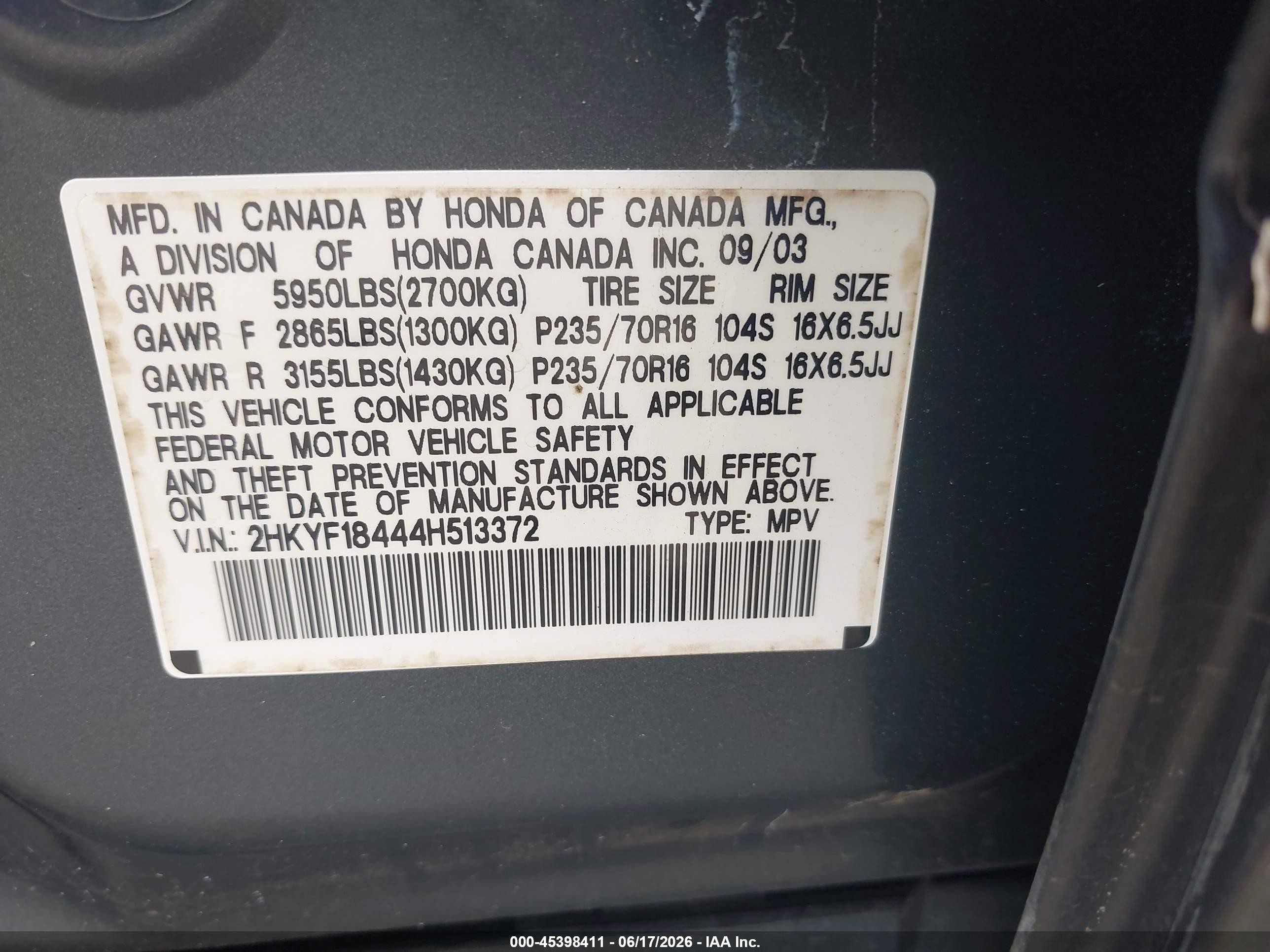 2004 Honda Pilot Ex Gray vin: 2HKYF18444H513372