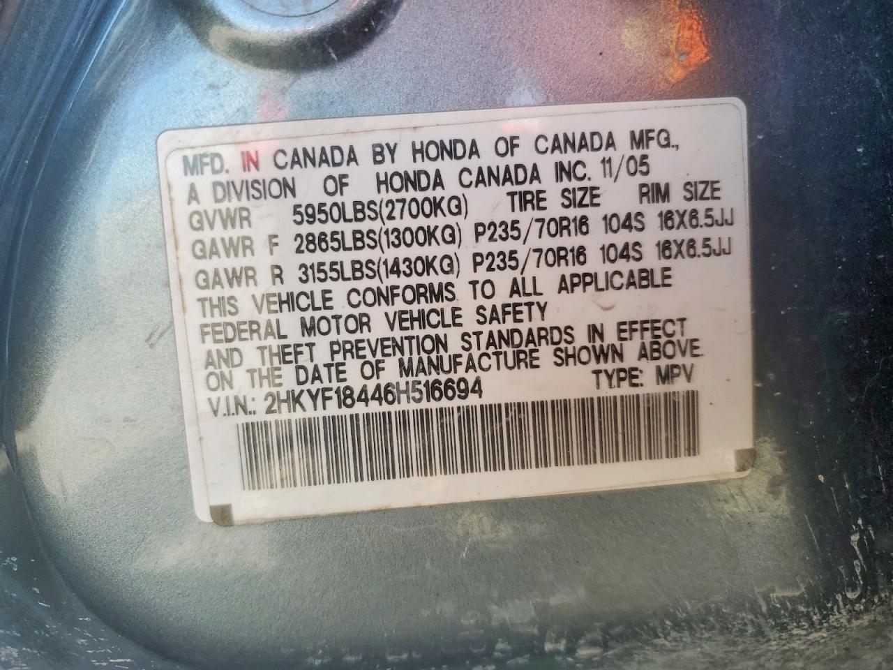 2006 Honda Pilot Ex Blue vin: 2HKYF18446H516694