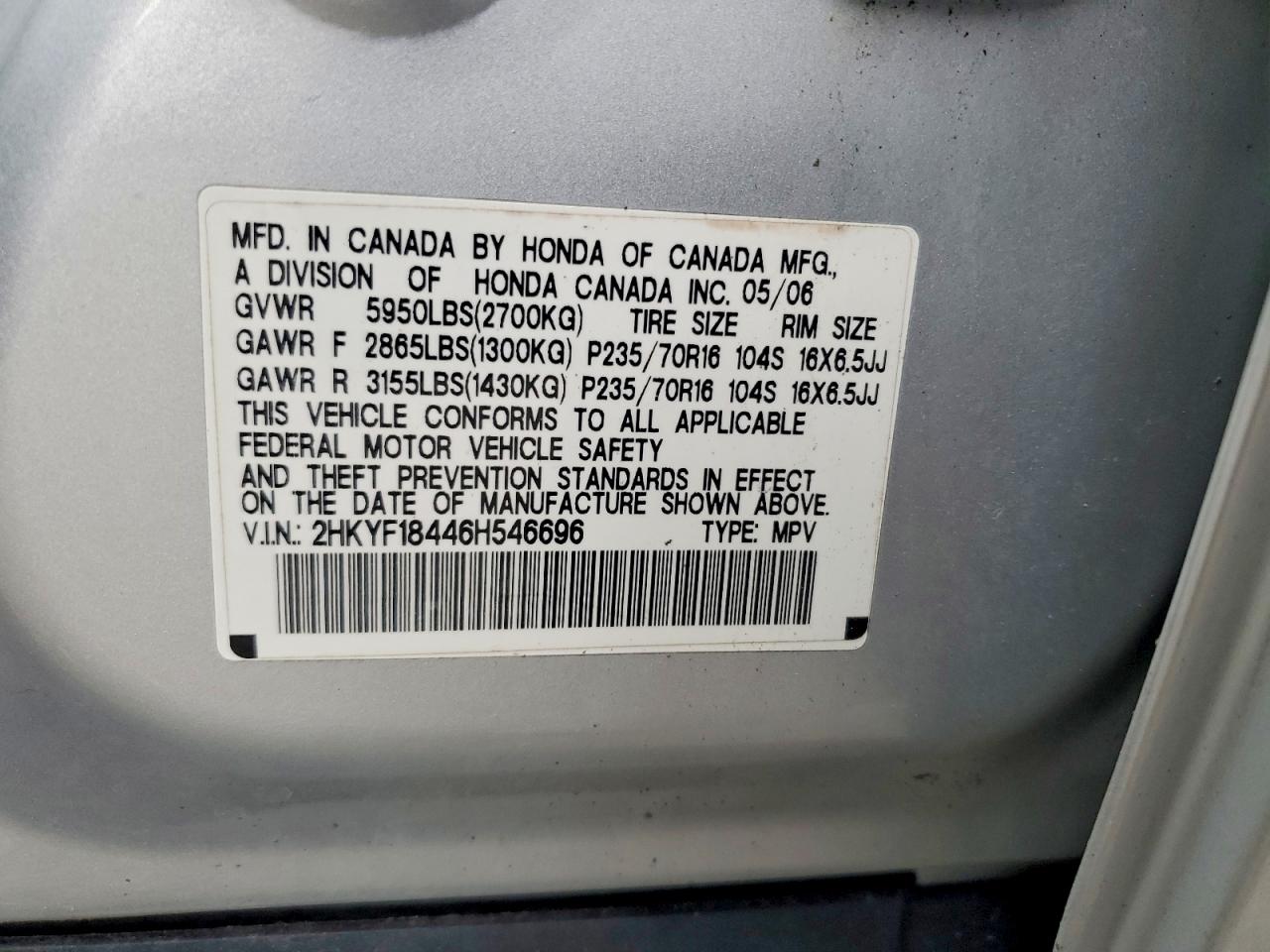 2006 Honda Pilot Ex Silver vin: 2HKYF18446H546696