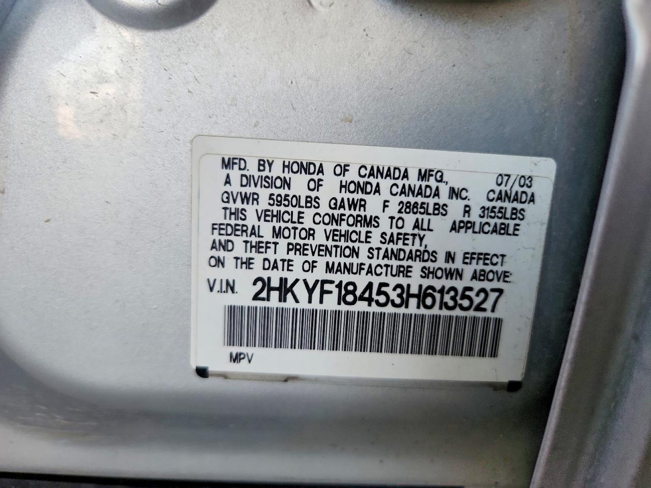 2003 Honda Pilot Ex Gray vin: 2HKYF18453H613527