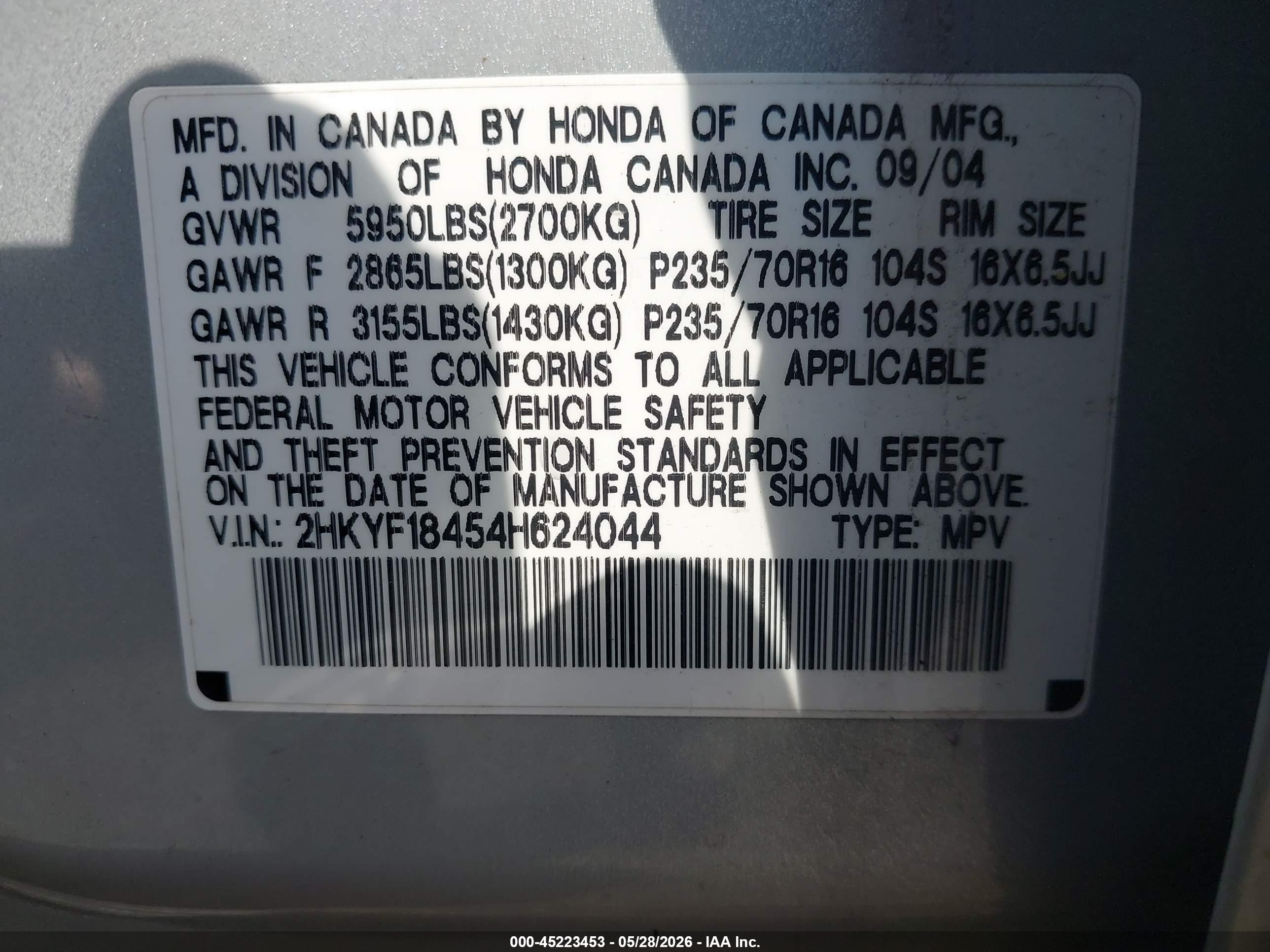 2004 Honda Pilot Ex Silver vin: 2HKYF18454H624044