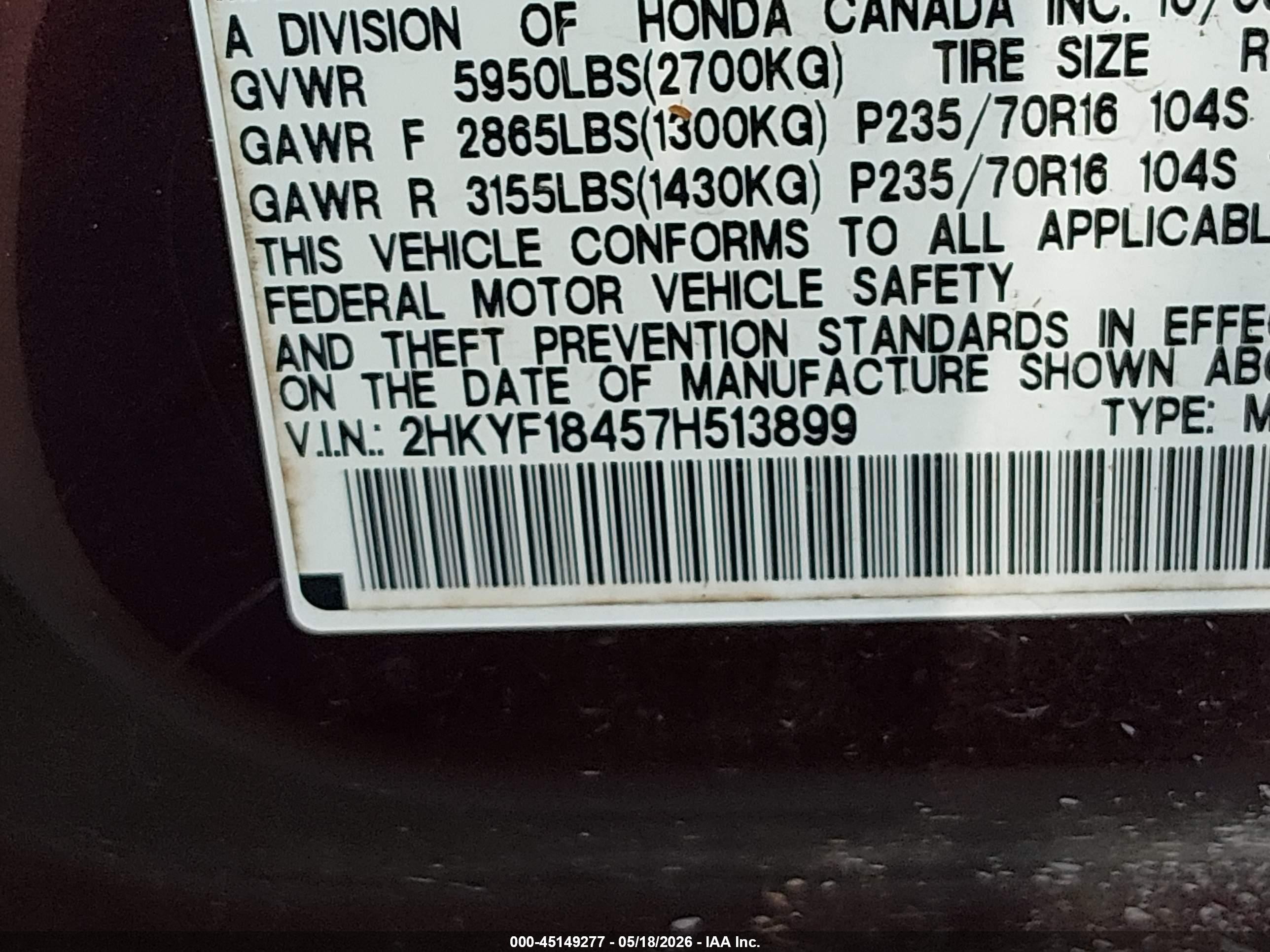 2007 Honda Pilot Ex Burgundy vin: 2HKYF18457H513899