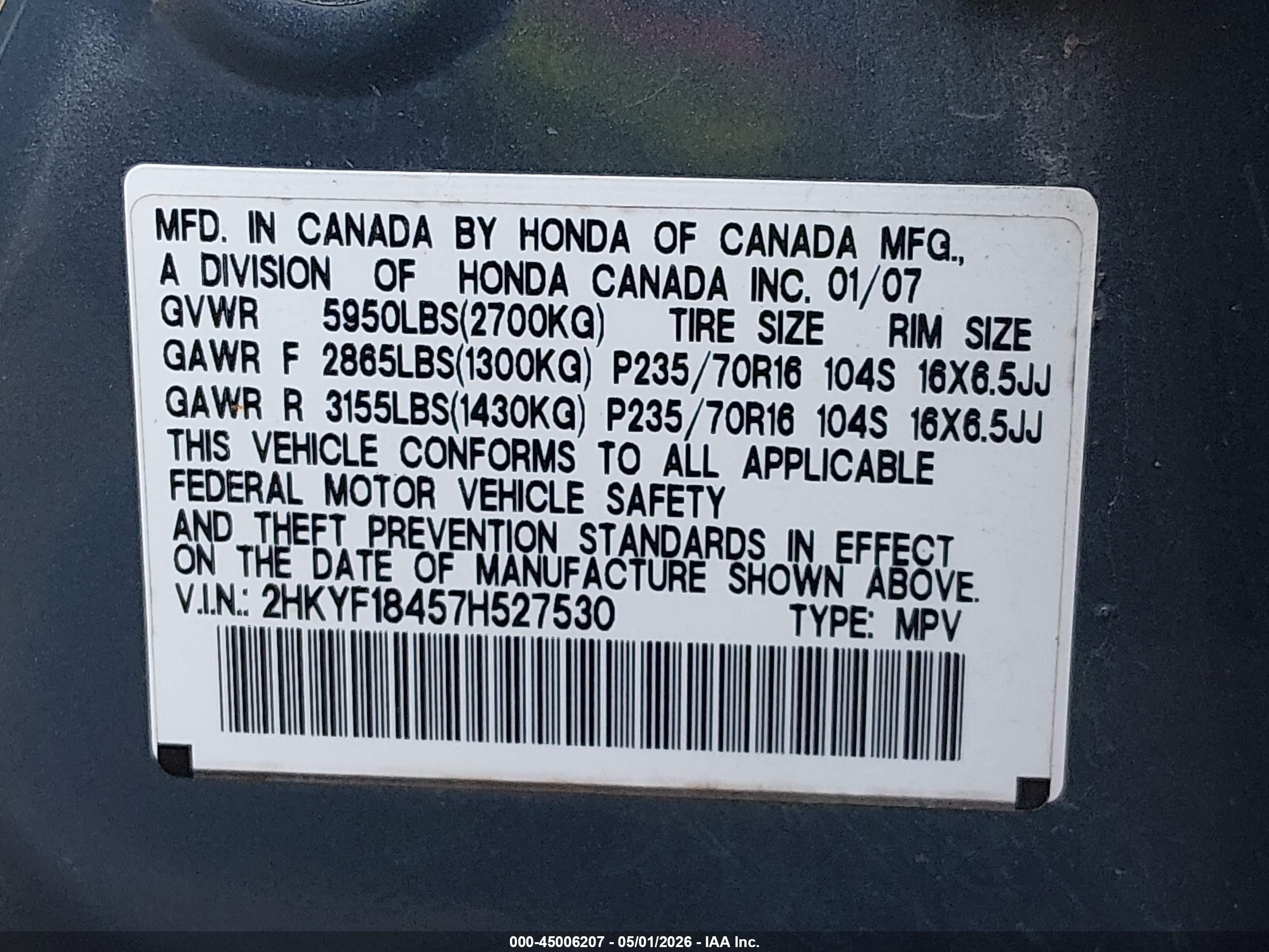 2007 Honda Pilot Ex Light Blue vin: 2HKYF18457H527530