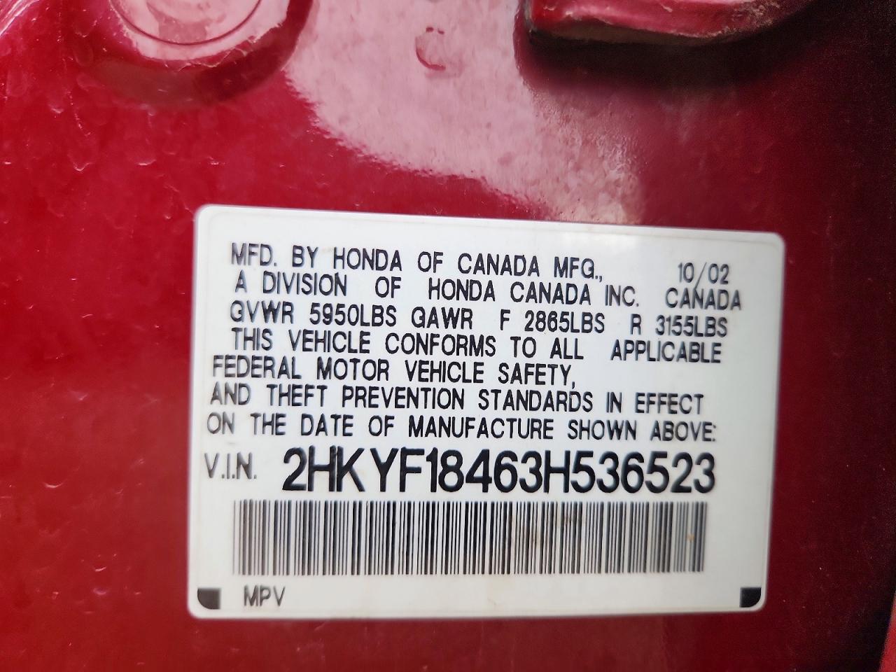 2003 Honda Pilot Ex Red vin: 2HKYF18463H536523