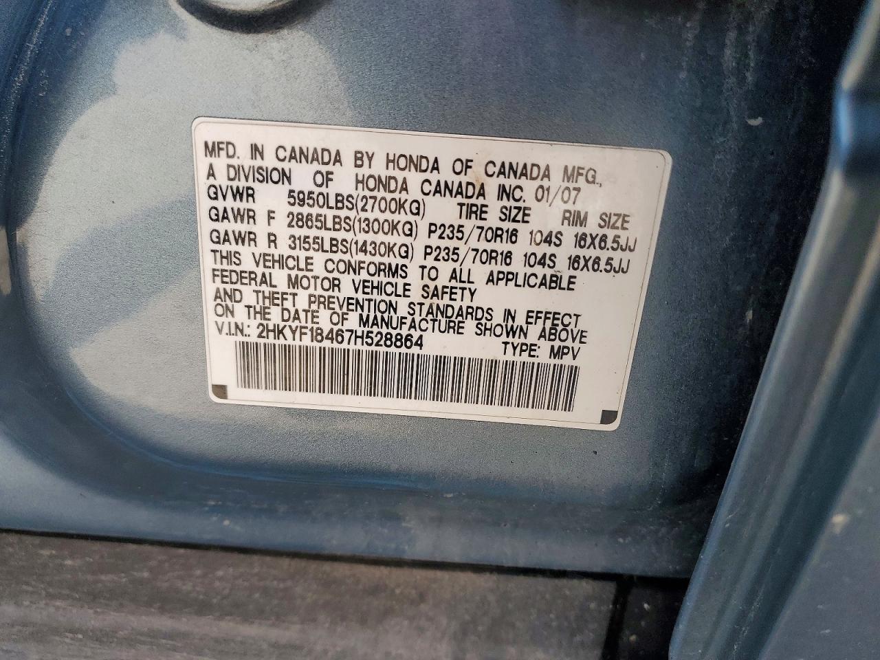 2007 Honda Pilot Ex Blue vin: 2HKYF18467H528864