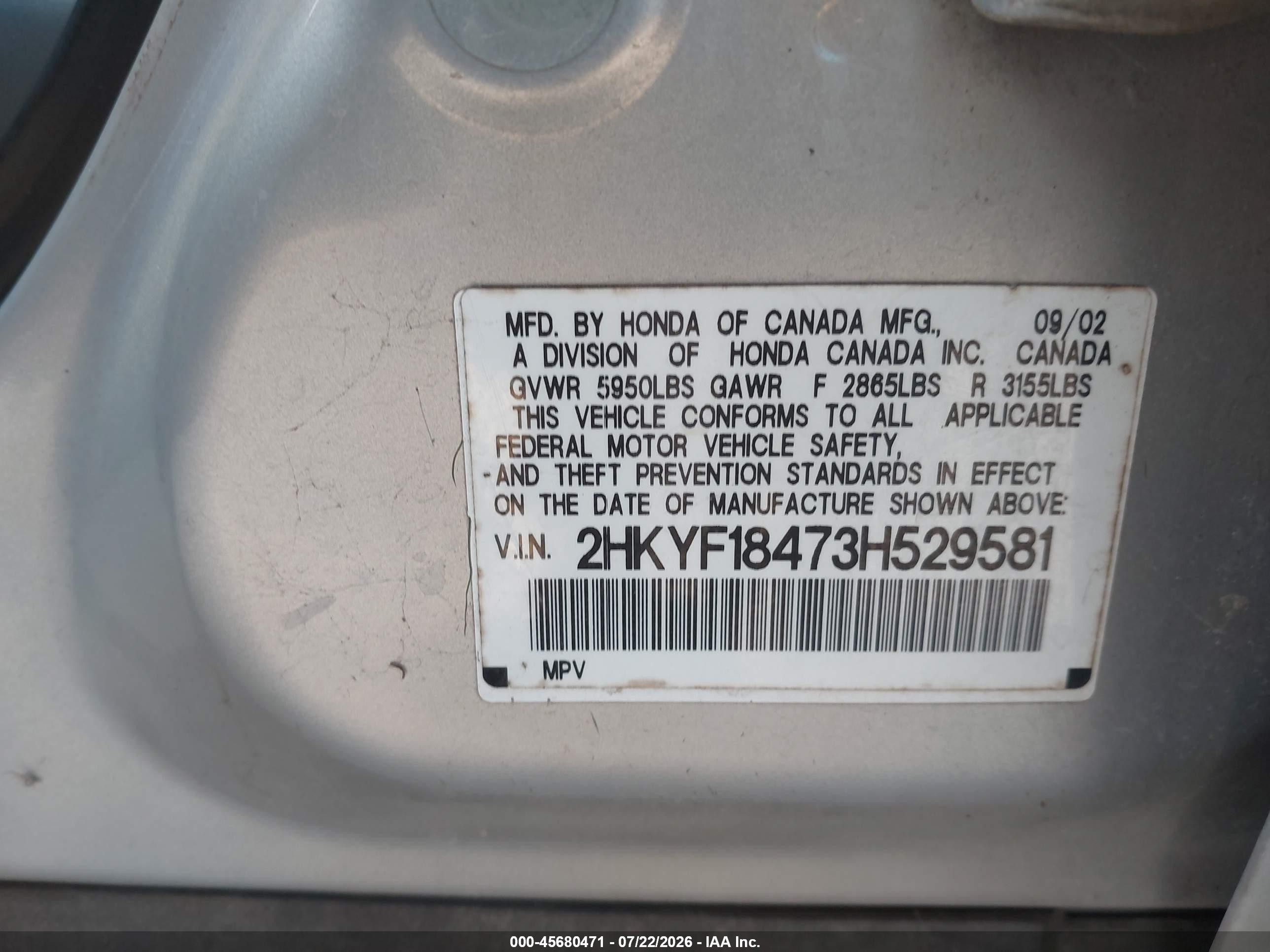 2003 Honda Pilot Ex Silver vin: 2HKYF18473H529581