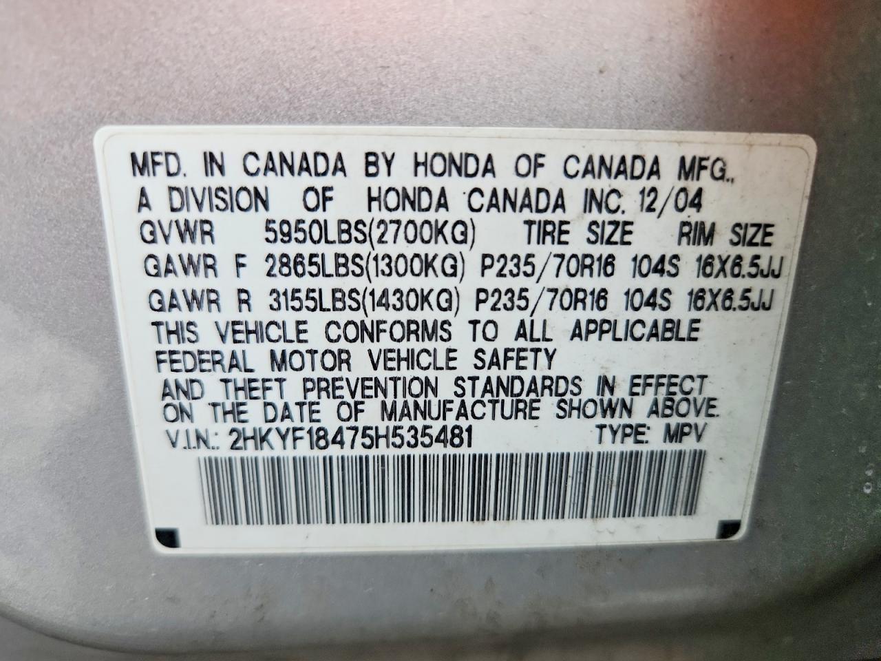 2005 Honda Pilot Ex Silver vin: 2HKYF18475H535481